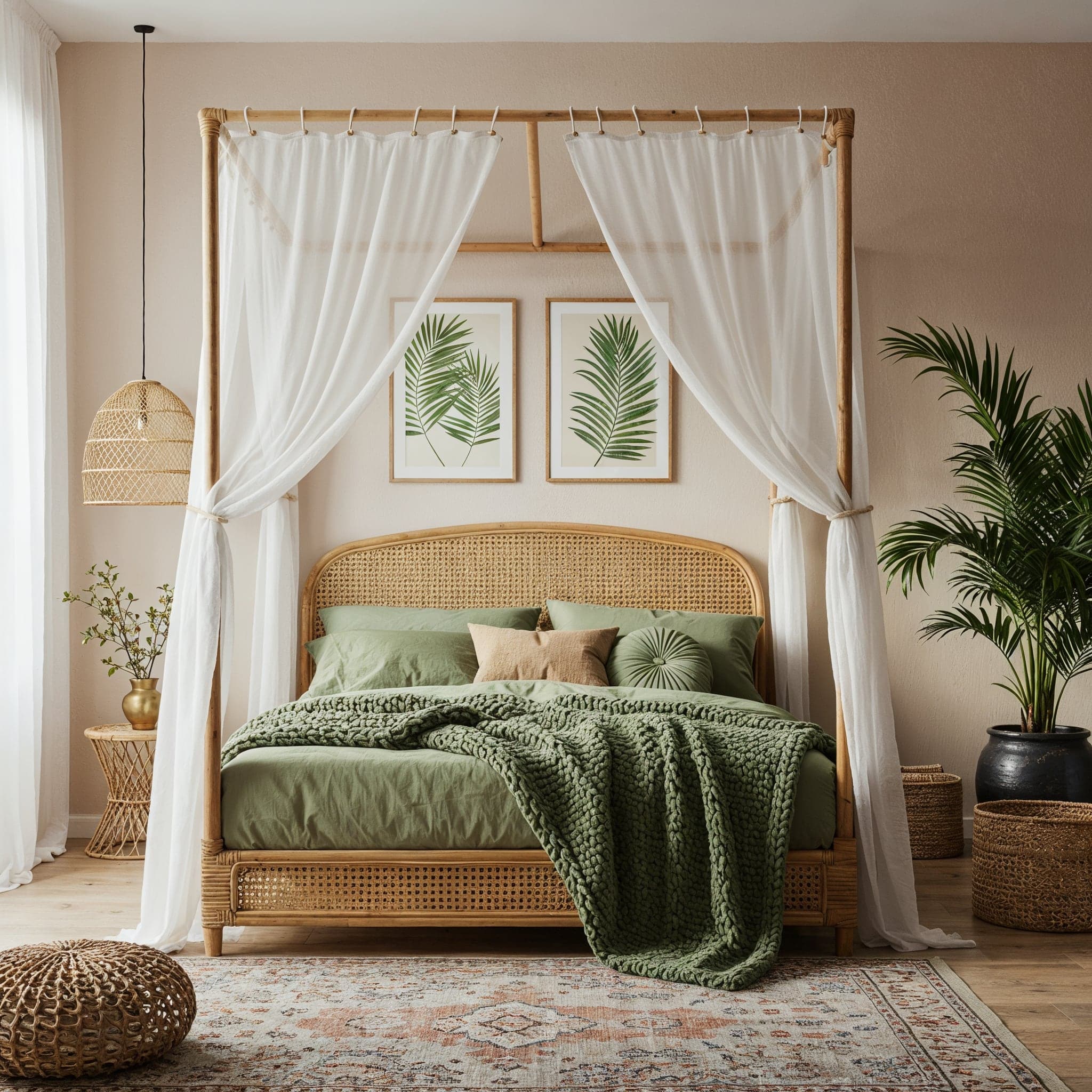 Scandi Boho Tropical Bedroom with rattan bed, green bedding, white canopy curtains, and indoor plants.