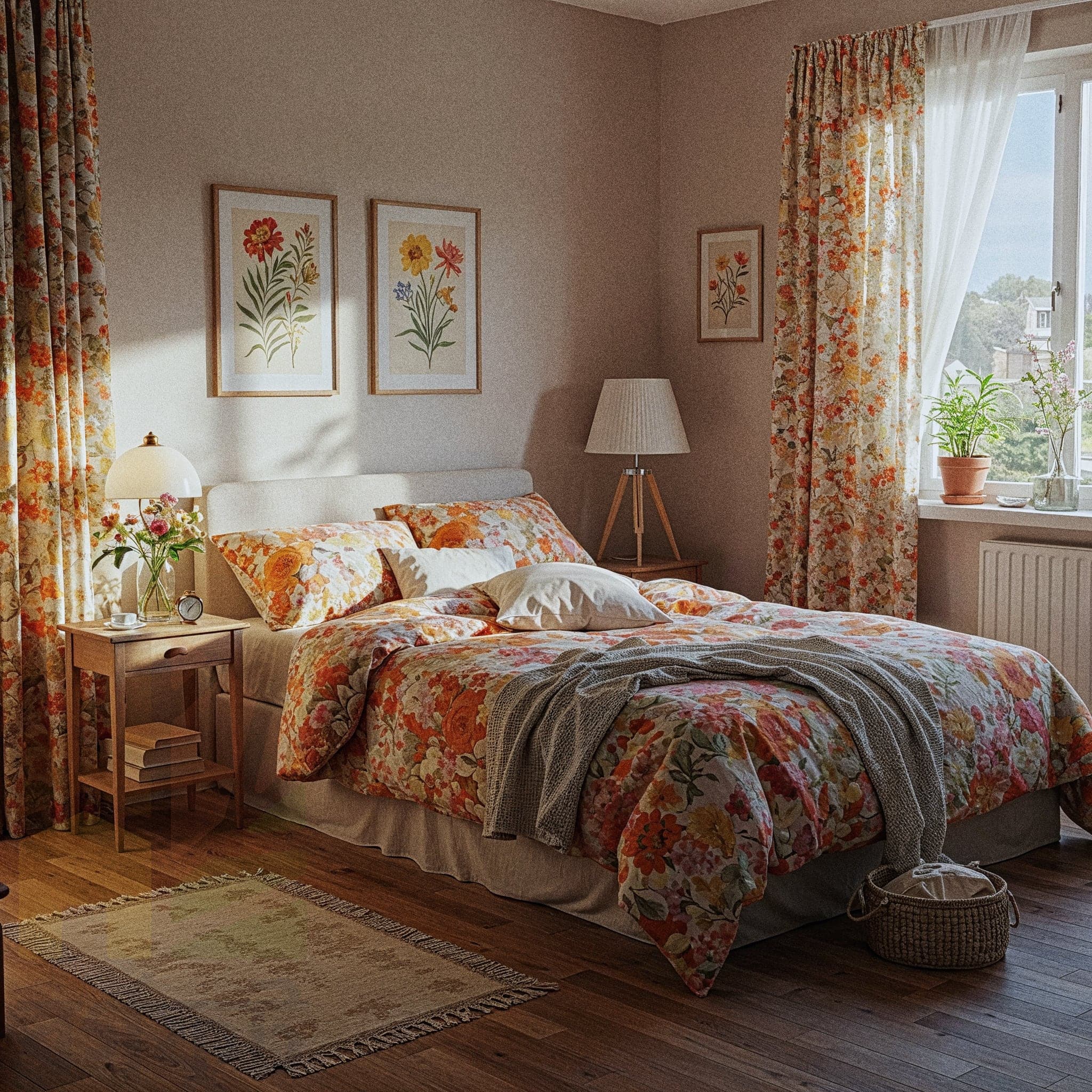A charming bedroom with a Vintage Floral design, featuring a wooden bed adorned with a colorful floral quilt in shades of orange, pink, and yellow, complemented by matching floral pillows and a light grey knit throw. The room includes a wooden side table with a lamp, a vase of fresh flowers, and books, alongside floral-framed artwork on the wall. Floral-patterned curtains and a small patterned rug enhance the warm, nostalgic ambiance, with natural light streaming through a large window.