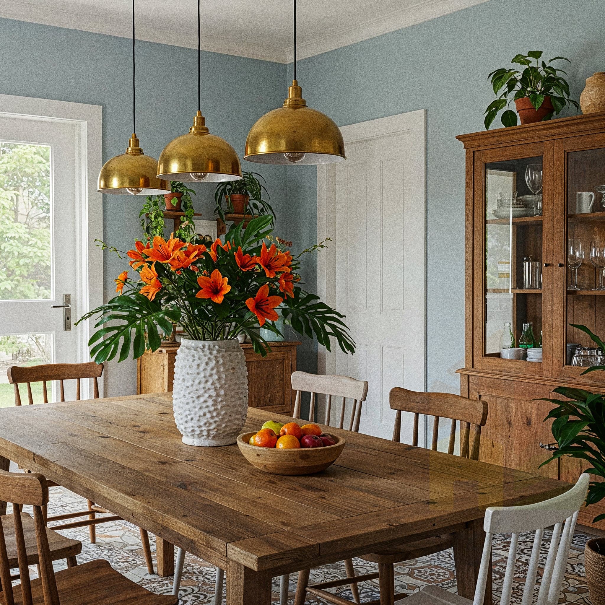 A functional and inviting dining room with a Rustic Modern design, featuring a long wooden dining table surrounded by matching wooden chairs with neutral cushions. The room includes a rustic chandelier with warm Edison bulbs, a wooden sideboard with a potted plant and decorative bowls, and a woven beige rug. Large windows with sheer curtains allow natural light to highlight the dark wooden floor and light beige walls, creating a cozy yet contemporary dining atmosphere.