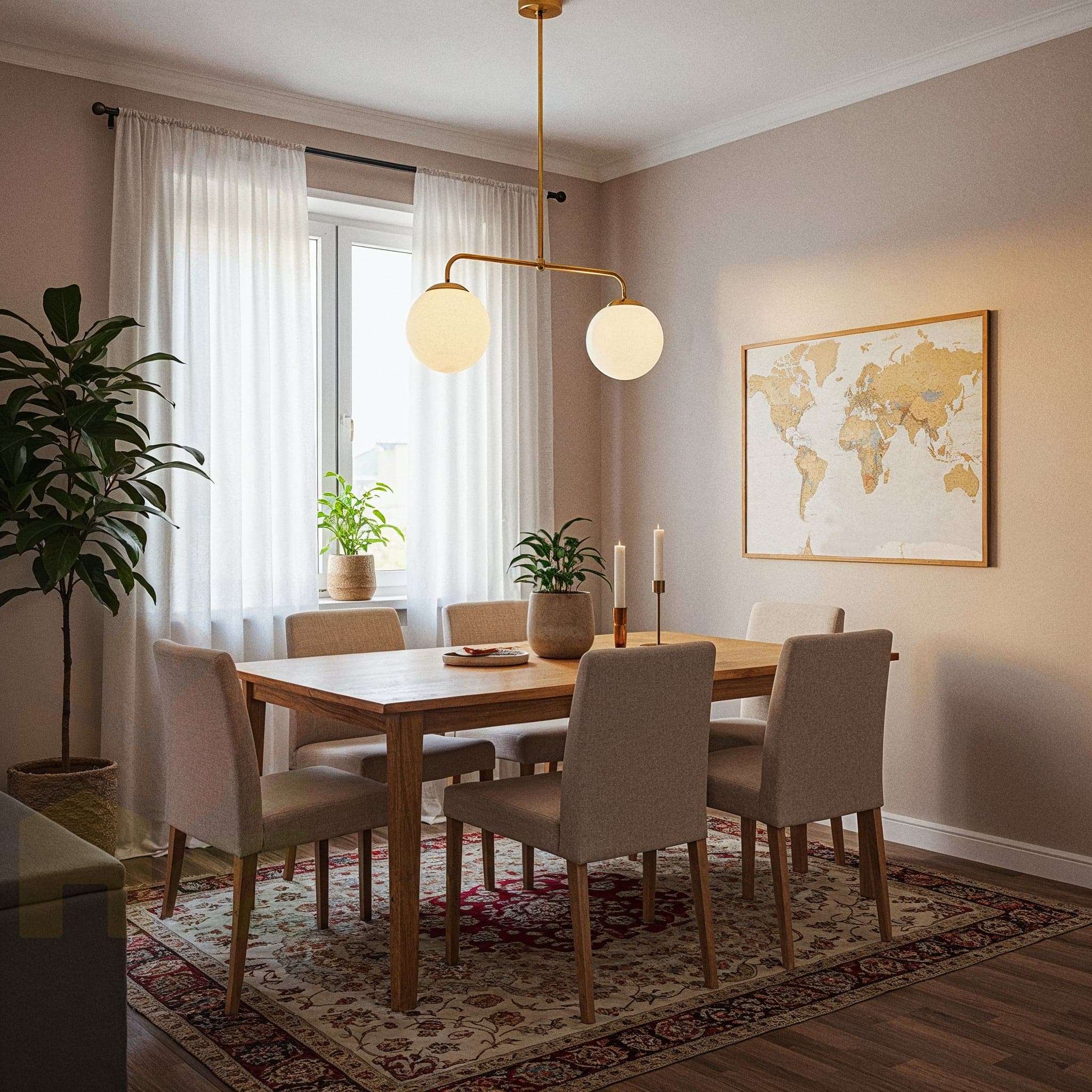 A vibrant dining room with a Tropical Lush design, featuring a wooden dining table with a glass top and bamboo legs, surrounded by chairs with green cushioned seats. The room includes a bamboo sideboard with potted tropical plants and a colorful fruit bowl, a woven mat underfoot, and hanging rattan lanterns with warm lighting. Large windows with sheer curtains allow natural light to highlight the dark wooden floor and green accent wall, creating a lush and inviting dining ambiance.