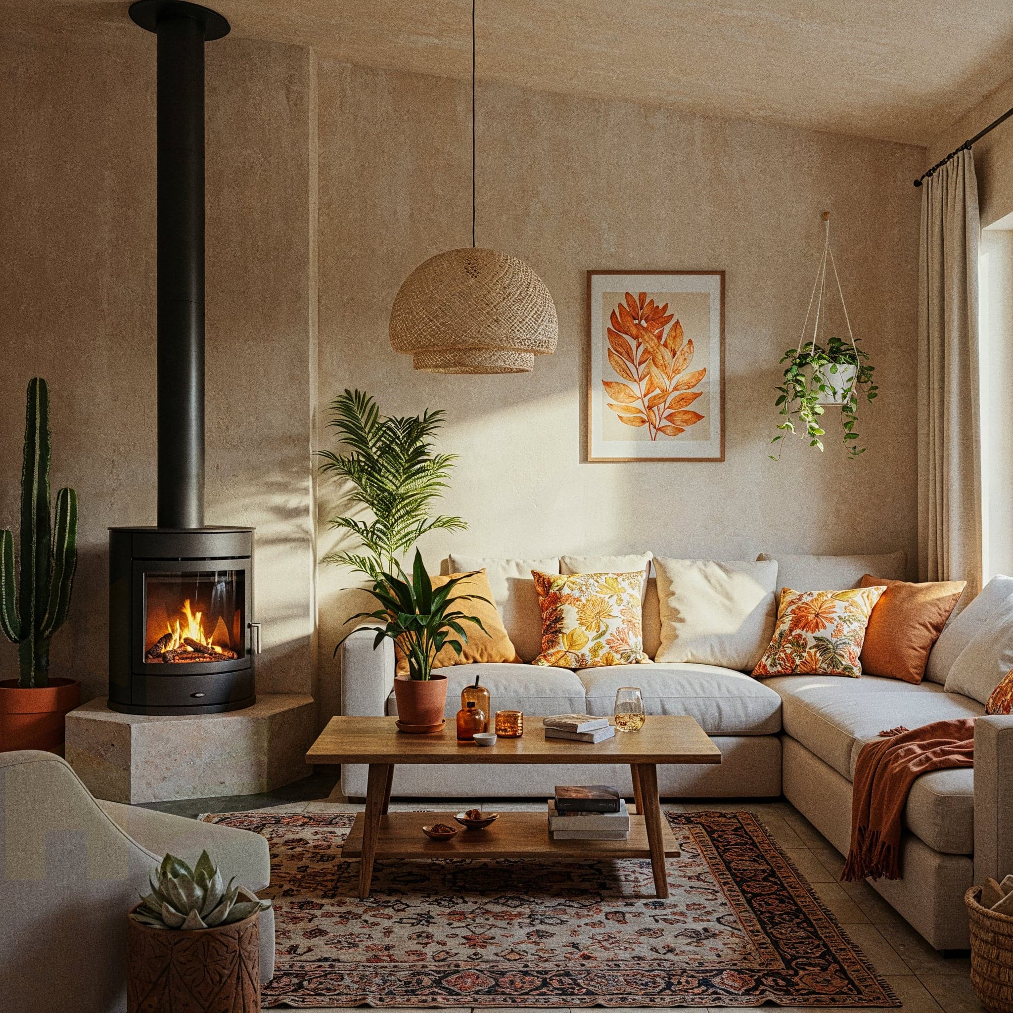 A peaceful living room with a Coastal Serene design, featuring a white linen sofa with blue cushions, a driftwood coffee table with a glass top, and a jute rug with subtle patterns. The room includes a wicker armchair with a throw blanket, a hanging shell mobile, and a floor lamp with a nautical shade. Large windows with sheer curtains allow natural light to enhance the light wooden floor and pale blue walls, creating a serene and breezy atmosphere.