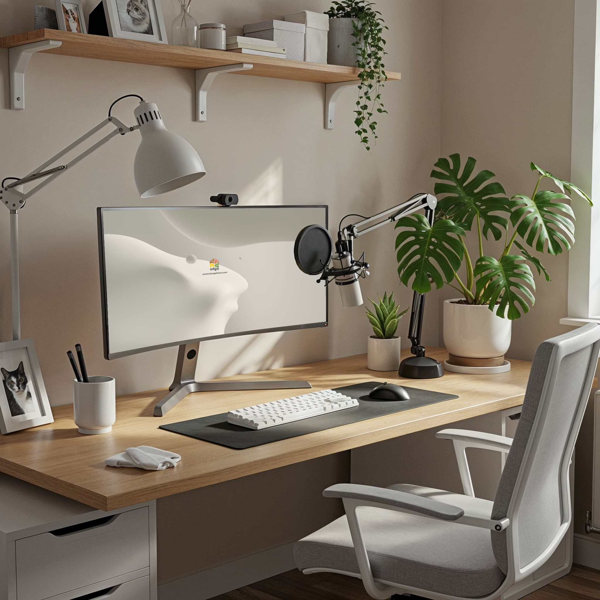 A modern, minimalist private office. A white desk with a laptop, mug, and small potted plant is centered in the room. A black ergonomic chair is tucked beneath the desk. A large glass partition separates the office from a common area with a staircase and a person sitting on a sofa. The space is filled with bright, natural light.