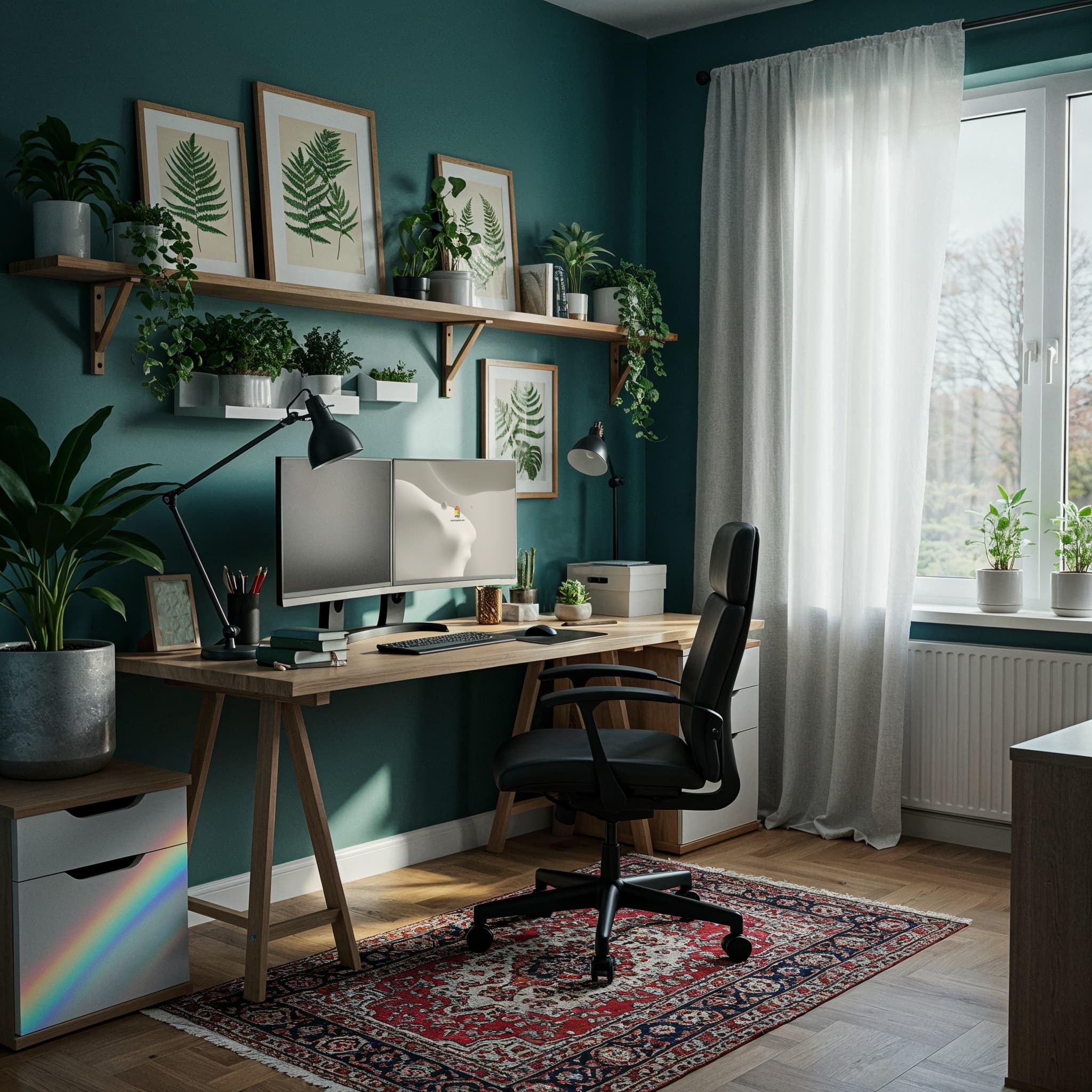 This sophisticated private office features a sleek, modern aesthetic with a bold, dark color palette and clean lines. The geometric accent wall adds a dynamic visual element, while the glass partition provides a sense of connection while maintaining full privacy.