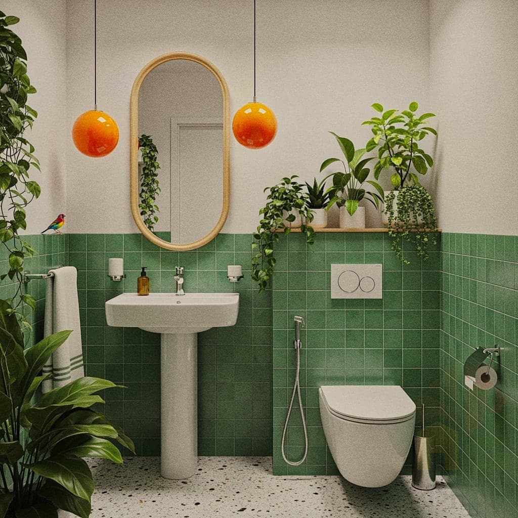 A lively bathroom with white walls and green square tiles on the lower half. The floor is light-colored terrazzo with black specks. A white pedestal sink is centered on the wall. Two spherical orange pendant lights hang on either side of an oval mirror. Several potted and hanging green plants are arranged on a wooden shelf and around the room, adding a fresh feel.