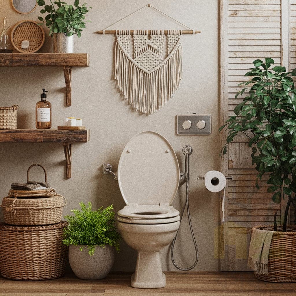  An inviting and natural bathroom designed with a cozy bohemian aesthetic. The soft textures of the macrame wall hanging and woven baskets, paired with warm, earthy tones, create a relaxed and personal space perfect for unwinding.