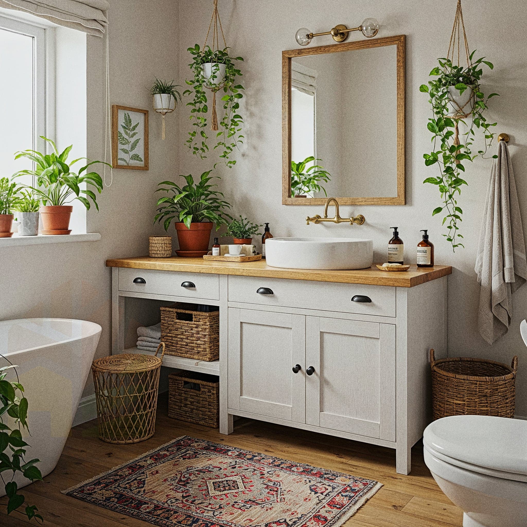 A modern bathroom with textured light green walls. A light wood vanity with a white vessel sink and gold faucets is in the center. A large round mirror with a leather strap hangs above it. A wooden ladder-style towel rack and several woven baskets are on the floor. Two wire-frame pendant lights with gold accents hang from the ceiling.