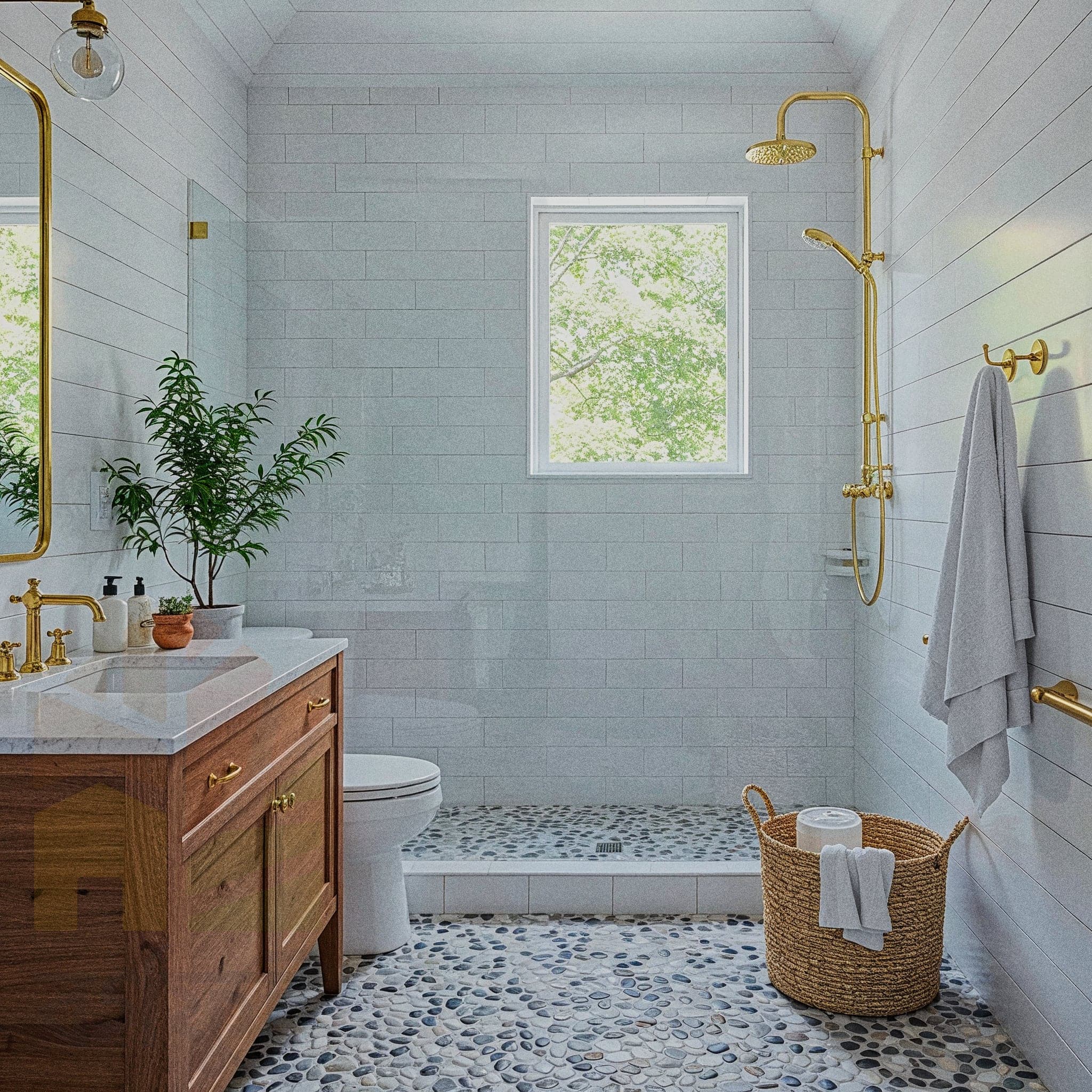 A bright and clean bathroom with white square tiles on the walls. A light wood floating vanity with a white square sink is below a large, mirrored medicine cabinet with built-in vertical lights. A wall-mounted toilet is to the right. A framed picture of a plant hangs on the wall. A chrome towel rack holds towels on the right side.