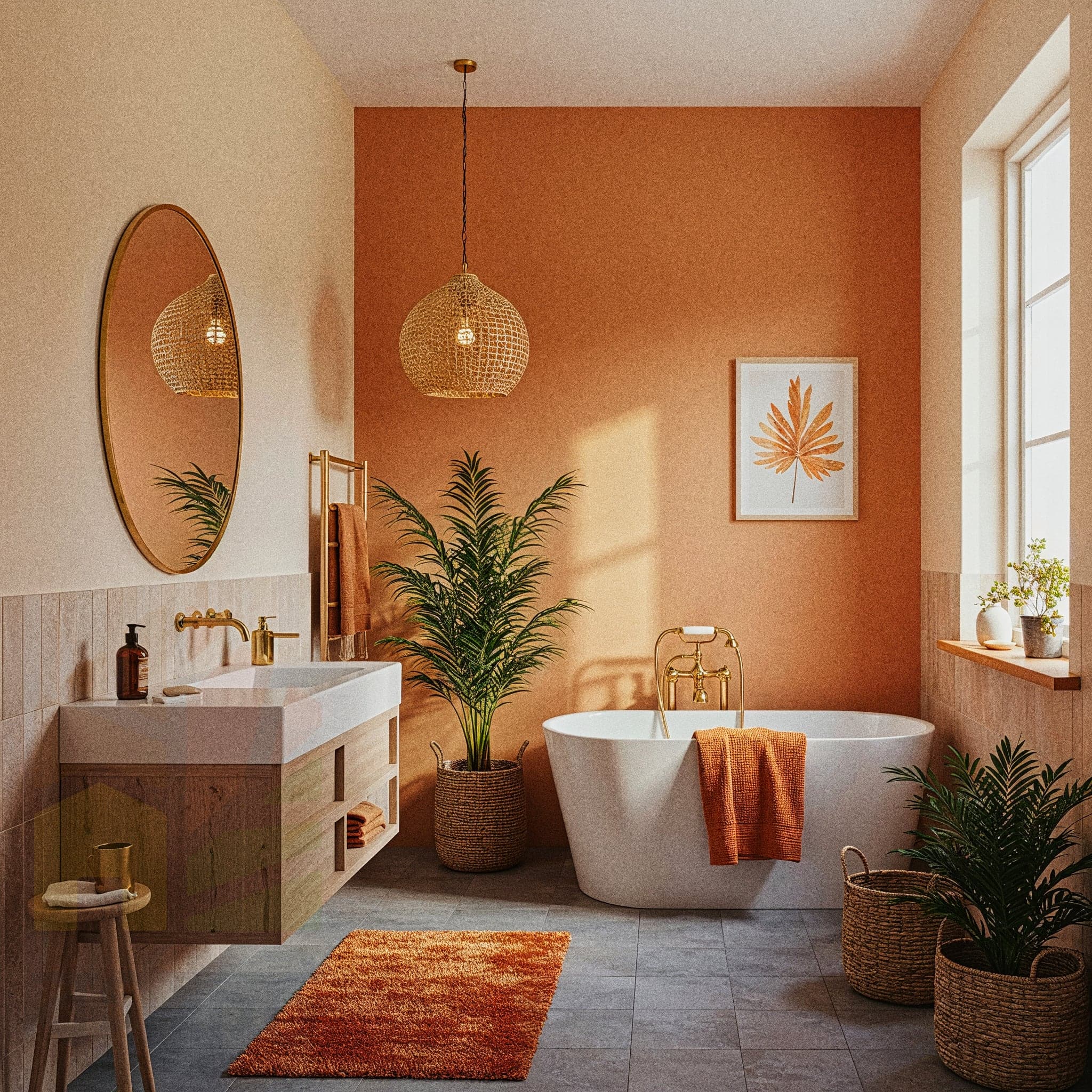 A cozy bohemian-style bathroom with a light wood vanity and a white vessel sink. A large rattan-framed mirror hangs above the sink. There is a freestanding white bathtub to the right with a wooden caddy. Potted plants in woven baskets are placed on the floor on both sides of the vanity.
