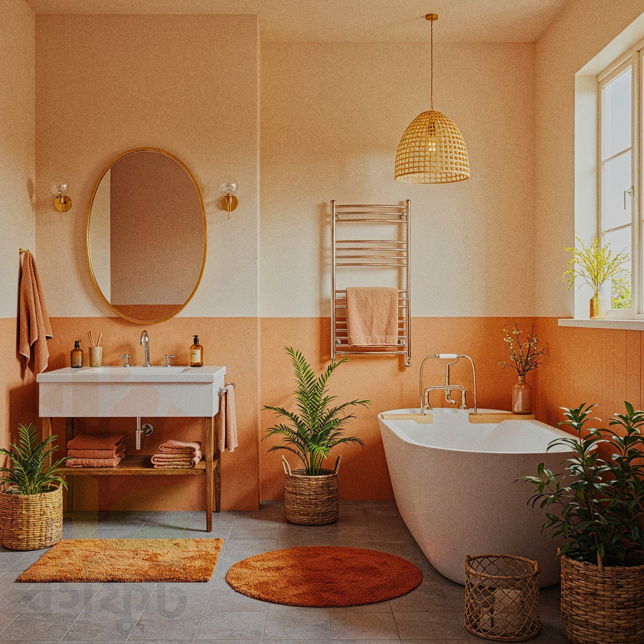 A rustic bathroom with terracotta-colored walls and floor tiles. A wooden vanity with a stone vessel sink sits in the center. A rectangular black-framed mirror hangs above the sink, and two bare-bulb pendant lights hang from the ceiling. A woven rug is on the floor, and woven baskets are used for storage and decor. A toilet is visible in the adjacent room.