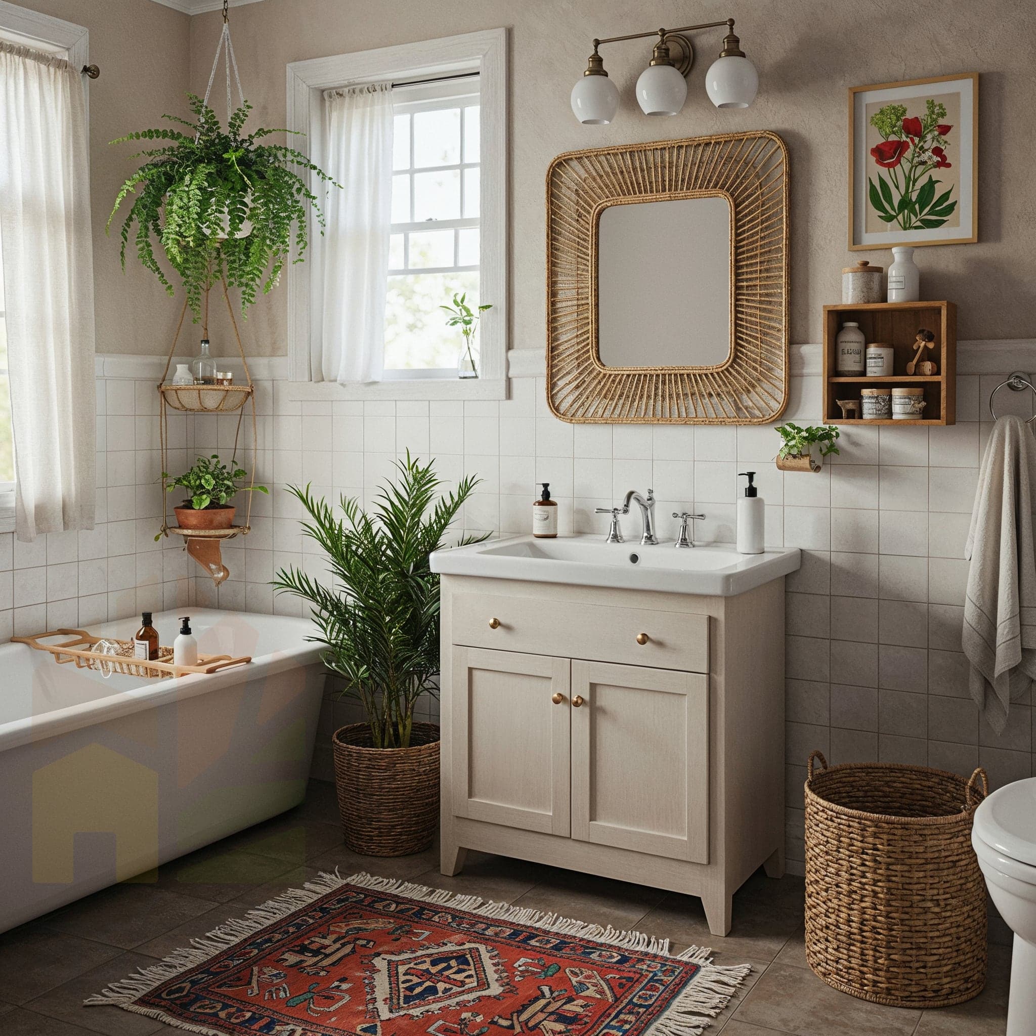A modern bathroom with white subway tiles on the walls and hexagonal mosaic tiles on the floor. A black-framed glass shower enclosure is in the center. A gray concrete-like sink is on a wooden stand to the right, with a hanging plant above it. A toilet is on the left.