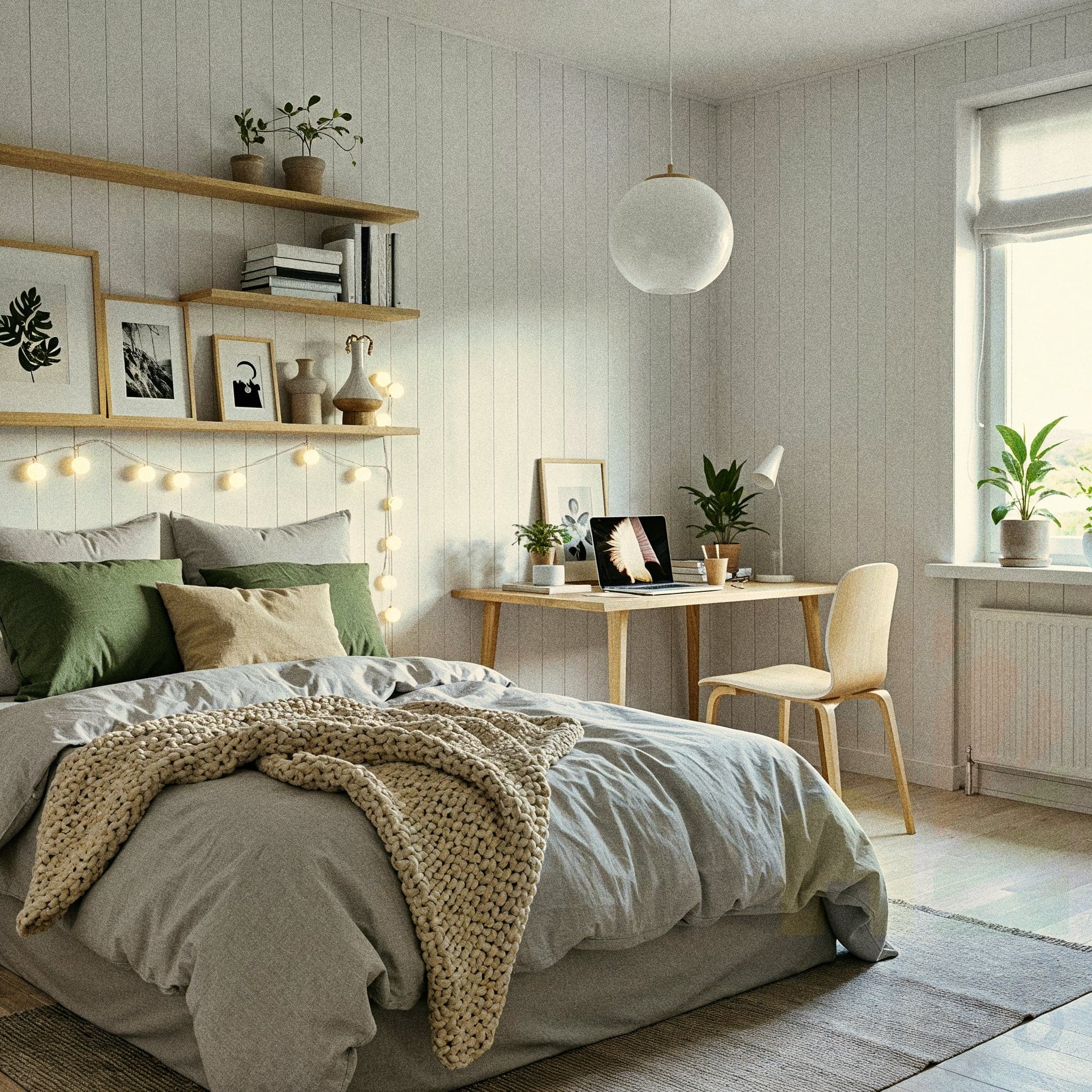 A bedroom with a natural wood headboard and a bed covered in brown and beige linens with a thick, chunky knit blanket. A large, patterned rug in red and orange colors is on the dark wood floor. Two macrame wall hangings and several hanging potted plants decorate the white wall. A woven pendant light hangs above the bed. On the right, a wicker chair is placed in a corner.