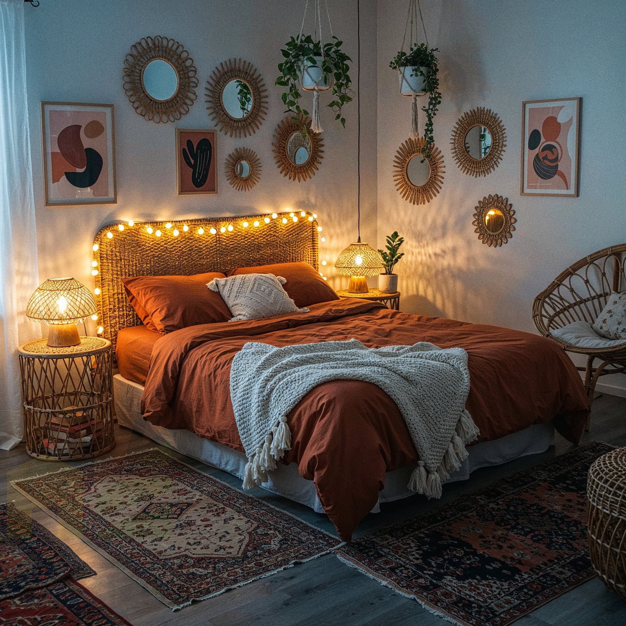 An atmospheric, dimly lit bedroom with light-colored walls and hardwood floors. A bed with a woven rattan headboard is adorned with string lights. The bed is covered in dark terracotta-colored linens and a cream-colored knit blanket. A small woven side table with a lamp is on the left. Several round, woven mirrors and abstract art pieces decorate the wall. The floor is covered with a large, ornate rug layered with smaller ones.