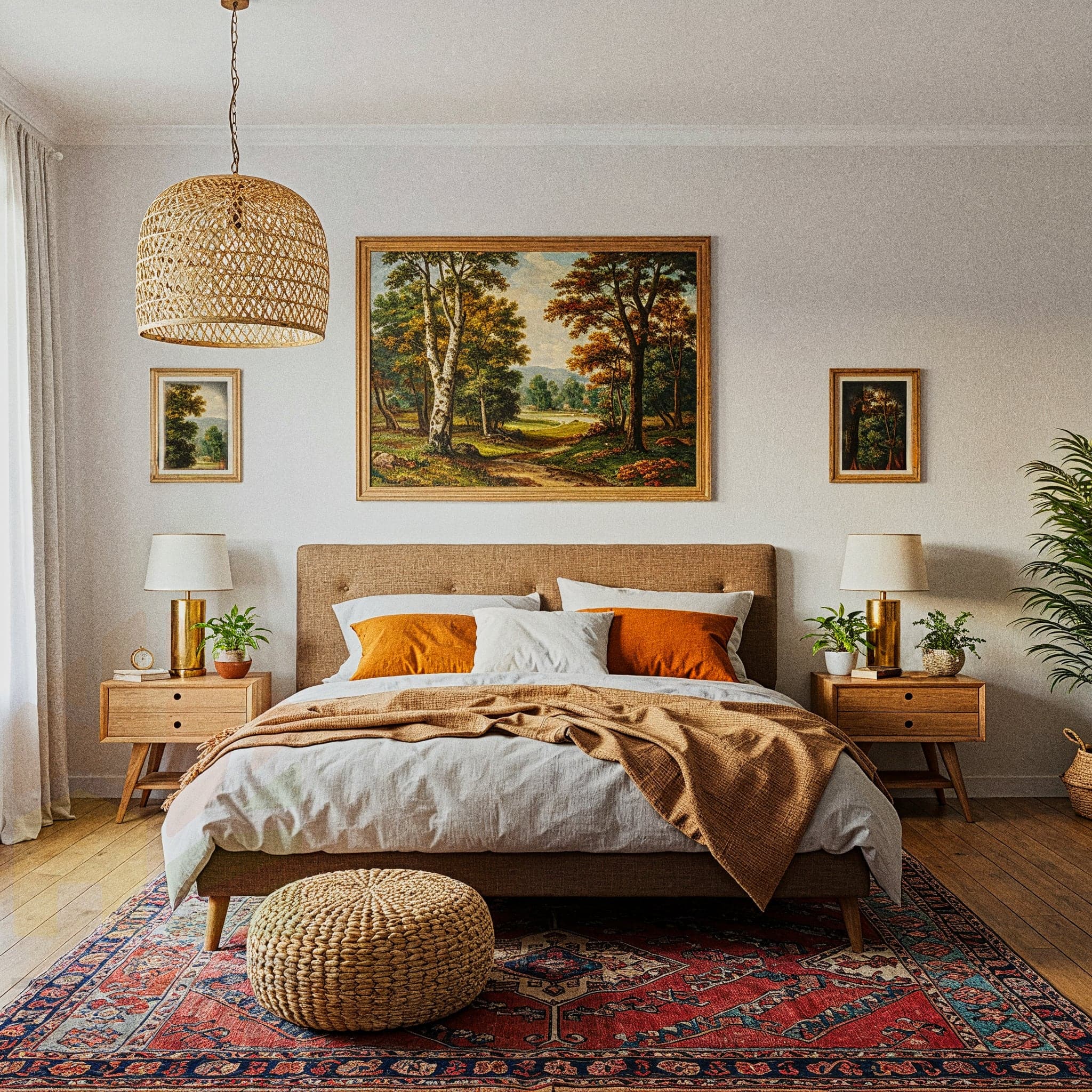 A bright bedroom with a light upholstered headboard. The bed is made with neutral bedding, a beige throw blanket, and pillows in shades of tan and blue. A woven bench with books and a mug sits at the foot of the bed. A large, abstract geometric painting with shades of blue, green, and brown hangs above the bed. Two woven pendant lights are on either side of the bed. A large potted plant in a basket is on the floor to the left. A striped area rug with blue, brown, and white lines covers the floor.