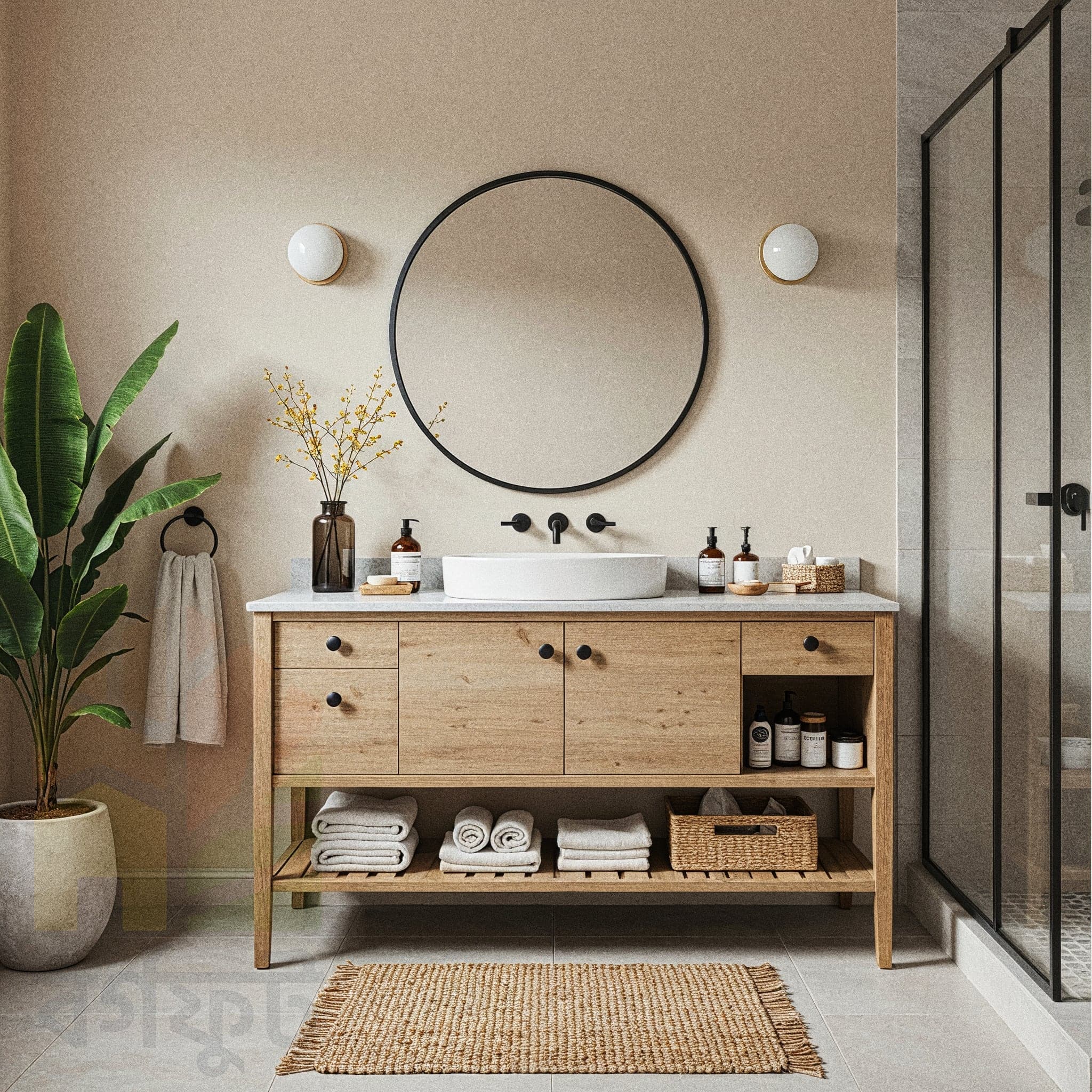 A bohemian-style bathroom with light brown walls and tiled wainscoting. A light wood vanity with a white vessel sink is beneath a large rattan-framed mirror. A freestanding white bathtub is on the right. Potted plants in woven baskets are placed on the floor, and a colorful patterned rug is in front of the vanity.