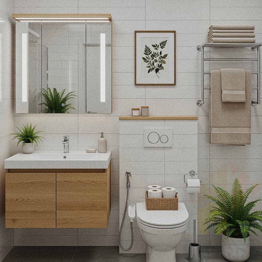 A cozy bohemian-style bathroom with a light wood vanity and a white vessel sink. A large rattan-framed mirror hangs above the sink. There is a freestanding white bathtub to the right with a wooden caddy. Potted plants in woven baskets are placed on the floor on both sides of the vanity.