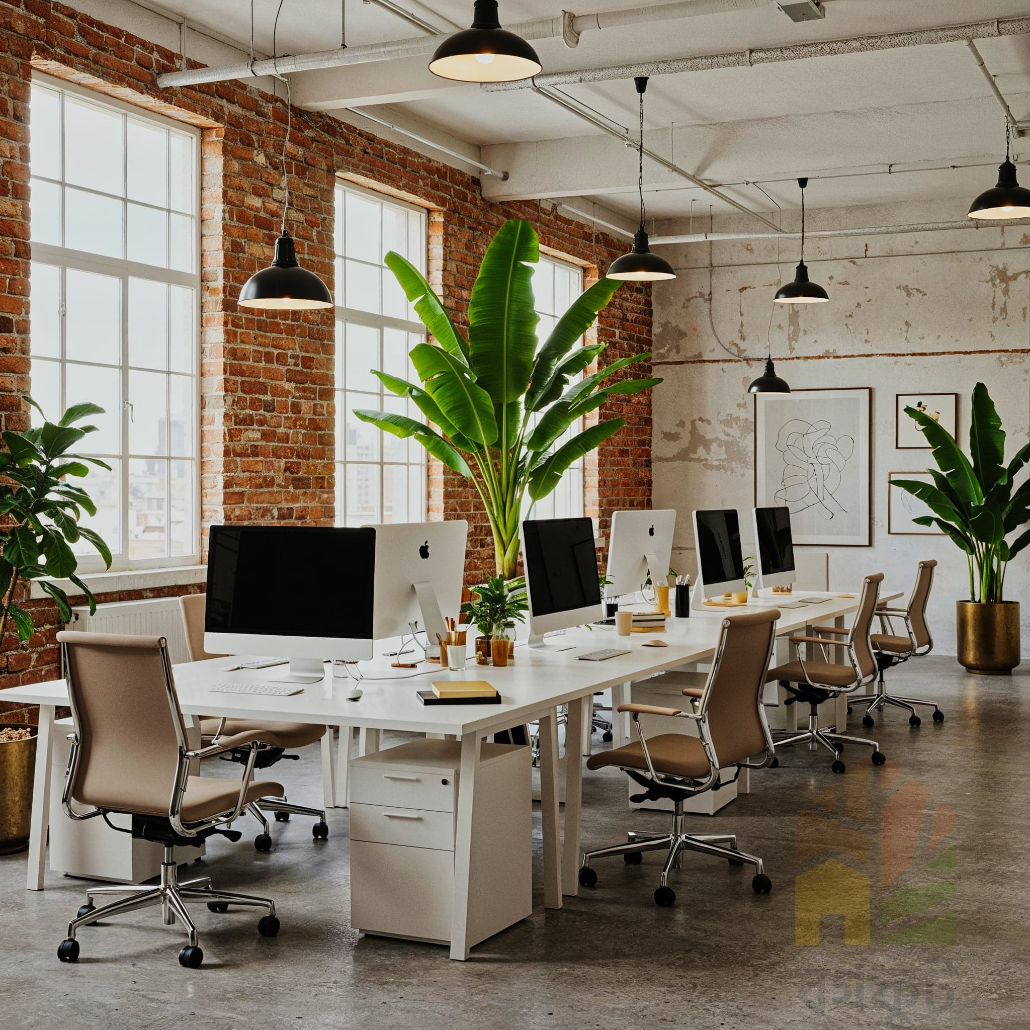 A candid, wide-angle image of a modern, open-plan office. The space features wooden desks with light green partitions and white filing cabinets. White and grey office chairs are placed at each workstation. Exposed brick walls with large windows give the room a rustic feel. Potted plants and copper-colored accessories are placed on the desks.