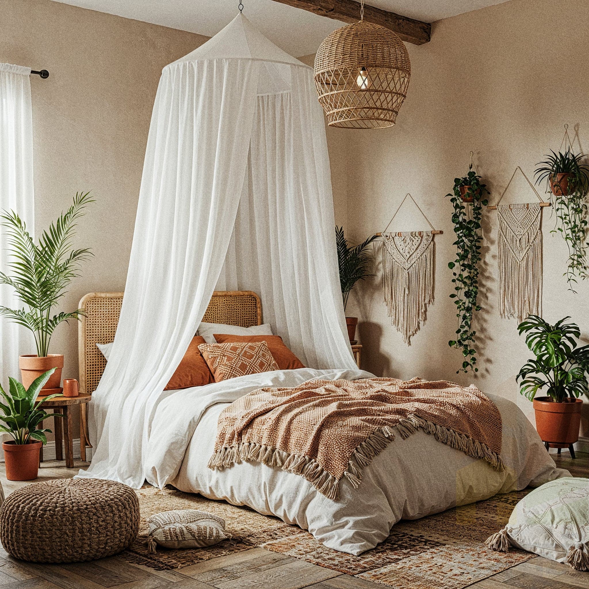 A bedroom with a prominent wooden headboard and a large, ornate carved wooden art piece hanging above the bed. The bed is covered with a blue and white patterned duvet. Two wooden nightstands with white lamps are on either side. Two large woven pendant lights hang from the ceiling. A rustic wooden bench with books and vases sits at the foot of the bed.