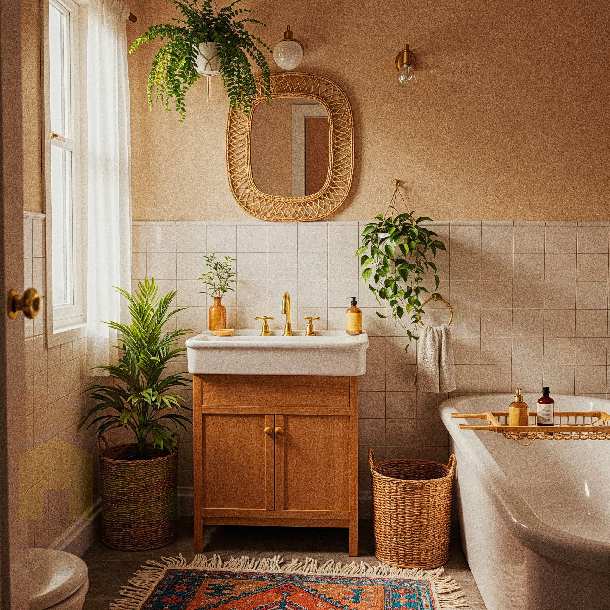 A cozy, bohemian-style bathroom with light-colored walls and a wooden floor. A toilet is in the center, with a large, beige macrame wall hanging above it. To the left, a stack of woven baskets holds towels and a small plant. A wooden floating shelf holds a soap bottle and decor. A large potted plant sits in a woven basket on the right.