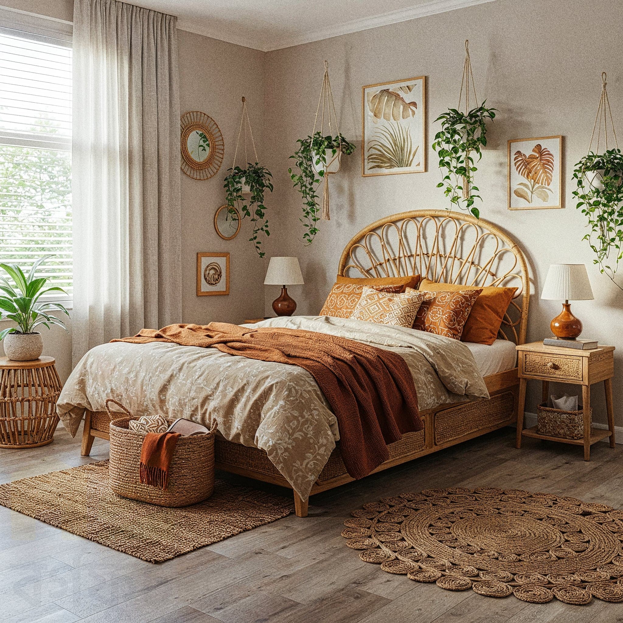 A cozy bedroom with a Modern Rustic design, featuring a wooden bed with a neutral beige duvet and green throw pillows, complemented by a reclaimed wood headboard and side table with a rustic lamp. The room includes a woven rug in earthy tones, a wooden shelf with potted plants and books, and warm string lights draped across the wall. Large windows with sheer curtains allow natural light to enhance the dark brown wooden floor and beige walls, creating a warm and modern rustic ambiance.