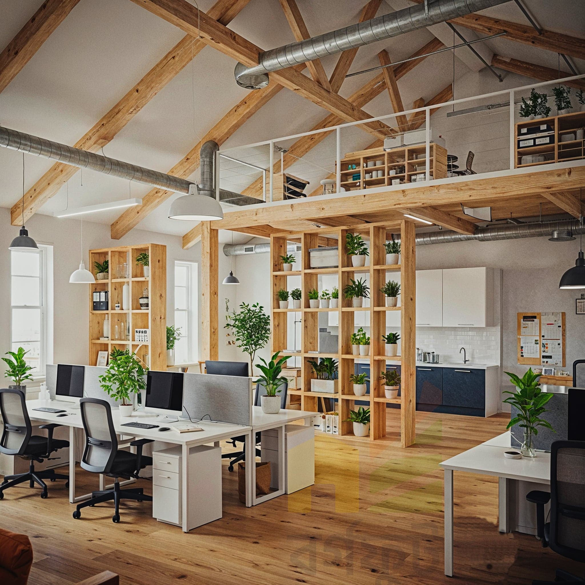 A wide-angle, symmetrical image of a large, industrial-style office space. The room features high ceilings with exposed wooden trusses and brick walls. Two long, rustic wooden desks with black metal frames are positioned in the foreground, with computers and brown leather chairs. Potted plants are scattered throughout the room. A mezzanine level with an office area is visible in the background.
