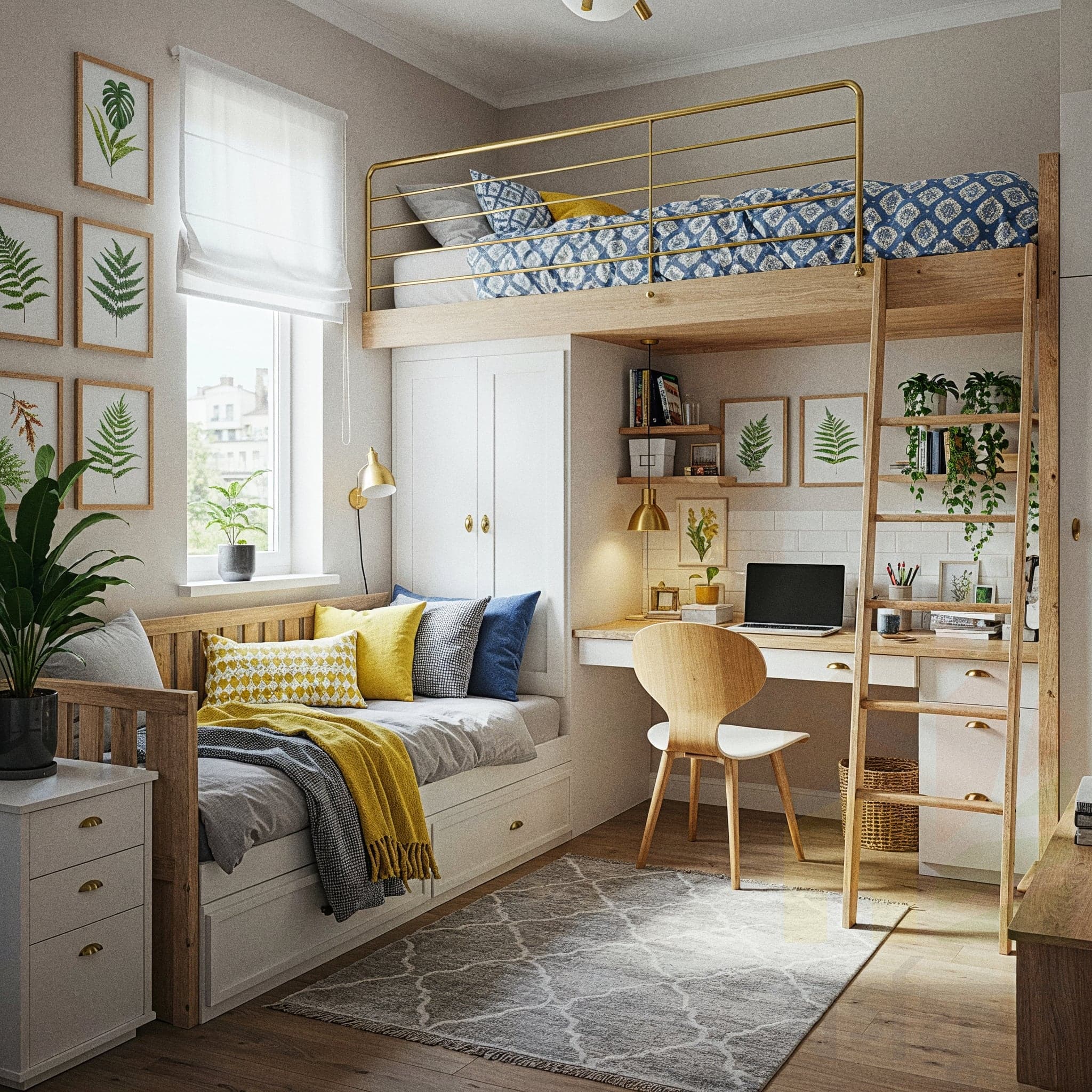 A cheerful child’s room with a Playful Natural design, featuring a low wooden bed with colorful animal-patterned bedding and a knitted throw, paired with a small wooden table and chair set with crayons and toys. The room includes a rattan storage basket with stuffed animals, a wall-mounted shelf with potted plants and books, and a hanging paper lantern with warm light. Large windows with sheer curtains allow natural light to enhance the light wooden floor and green accent wall, creating a vibrant and inviting atmosphere.