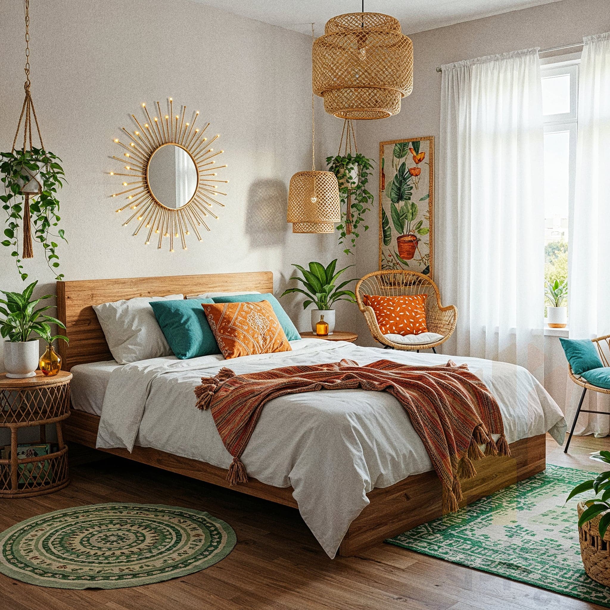 A bedroom with a prominent bamboo canopy bed featuring a woven rattan headboard and flowing white sheer drapes. The bed has white linen bedding and a beige knitted blanket. Two matching woven benches sit at the foot of the bed. Two macrame wall hangings are positioned above the bed, with a third on the adjacent wall. Small, round wooden side tables with potted plants are on either side of the bed. The room has light wood floors and is filled with natural light, creating a bright and airy mood.