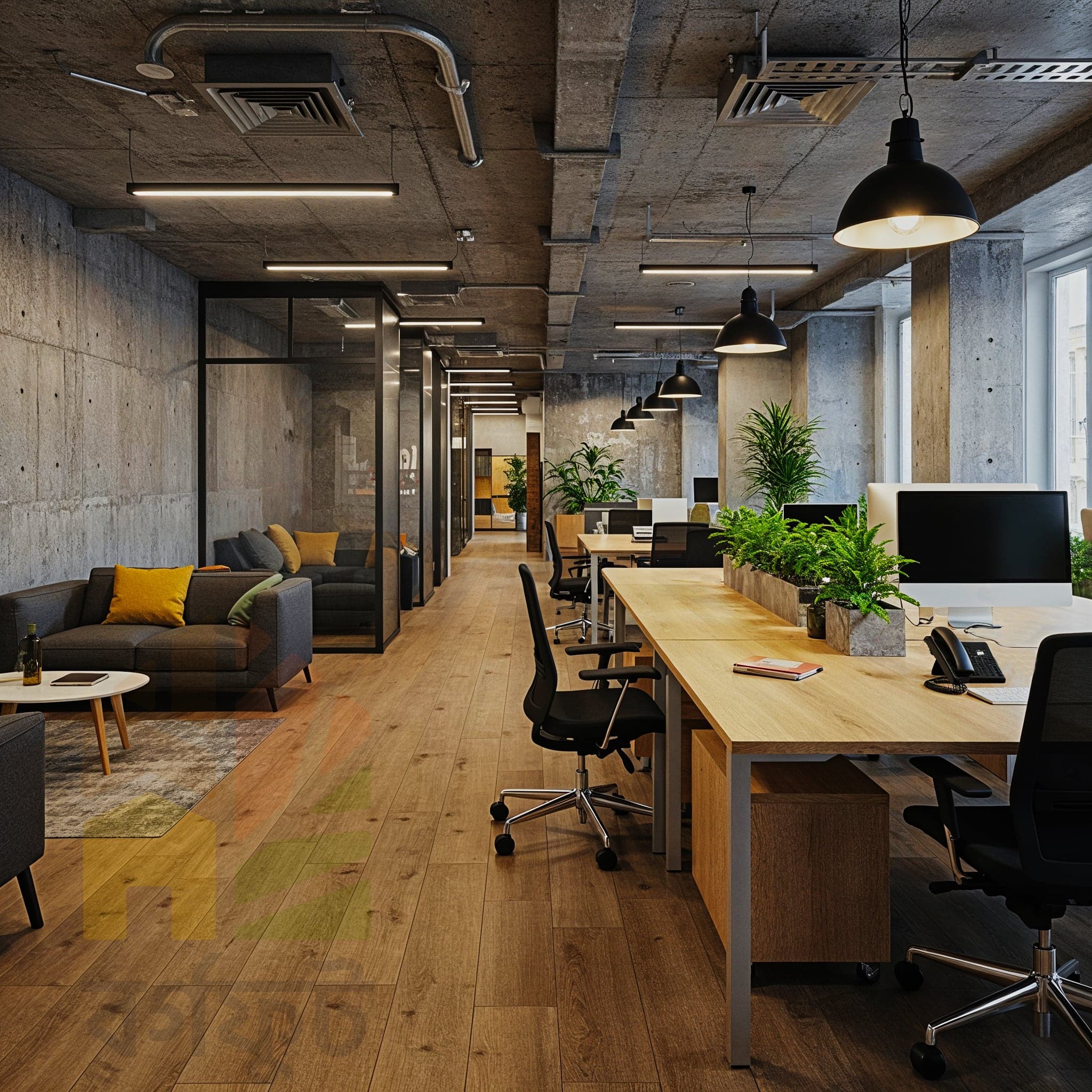 A modern commercial office interior with an industrial aesthetic. The space features a long wooden desk with black metal legs, with black office chairs arranged along it. The ceiling is exposed concrete with visible pipes and ductwork. On the right, a glass partition reveals a seating area with a grey sofa and yellow throw pillows.