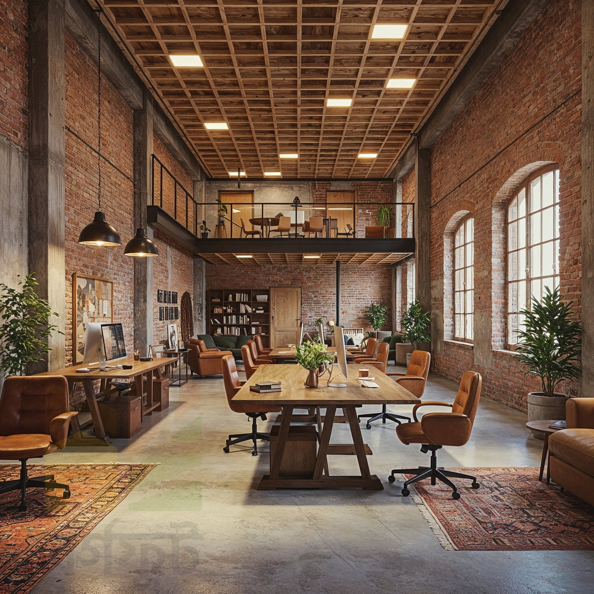 A candid, eye-level image of a modern office interior with a mix of industrial and natural elements. The space features a long wooden table with grey office chairs. The walls and angled ceiling are exposed concrete.