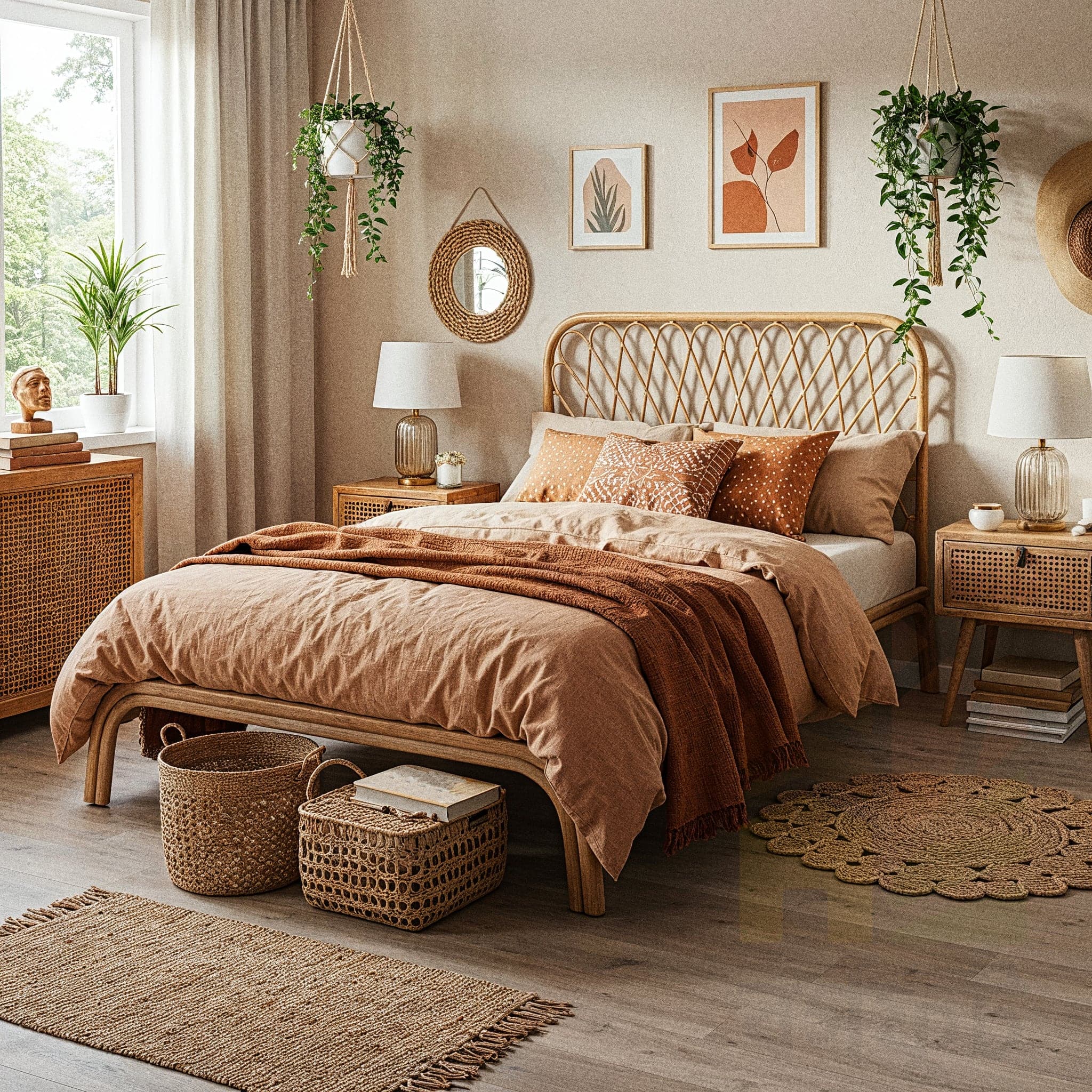 A modern bedroom with a Contemporary Natural design, featuring a sleek wooden bed with white linens and a green accent pillow, paired with a minimalist wooden headboard and side table holding a potted plant. The room includes a smooth grey rug, a glass vase with fresh leaves on a wooden shelf, and large windows with sheer curtains letting in natural light. The light beige walls and subtle wooden accents create a clean, airy, and nature-inspired atmosphere.