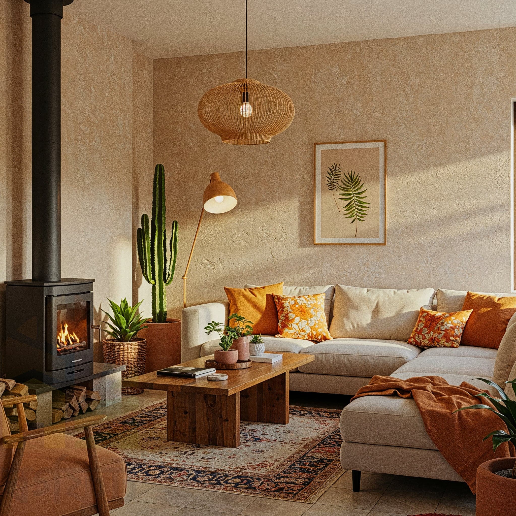 A cozy living room with a Rustic Warm design, featuring a reclaimed wood coffee table with a knit throw, a stone fireplace with a wooden mantel, and a plaid sofa with brown cushions. The room includes a woven rug with earthy tones, a hanging lantern with a wood frame, and a rocking chair with a sheepskin cover. Large windows with sheer curtains allow natural light to enhance the dark wooden floor and terracotta walls, creating a warm and inviting atmosphere.