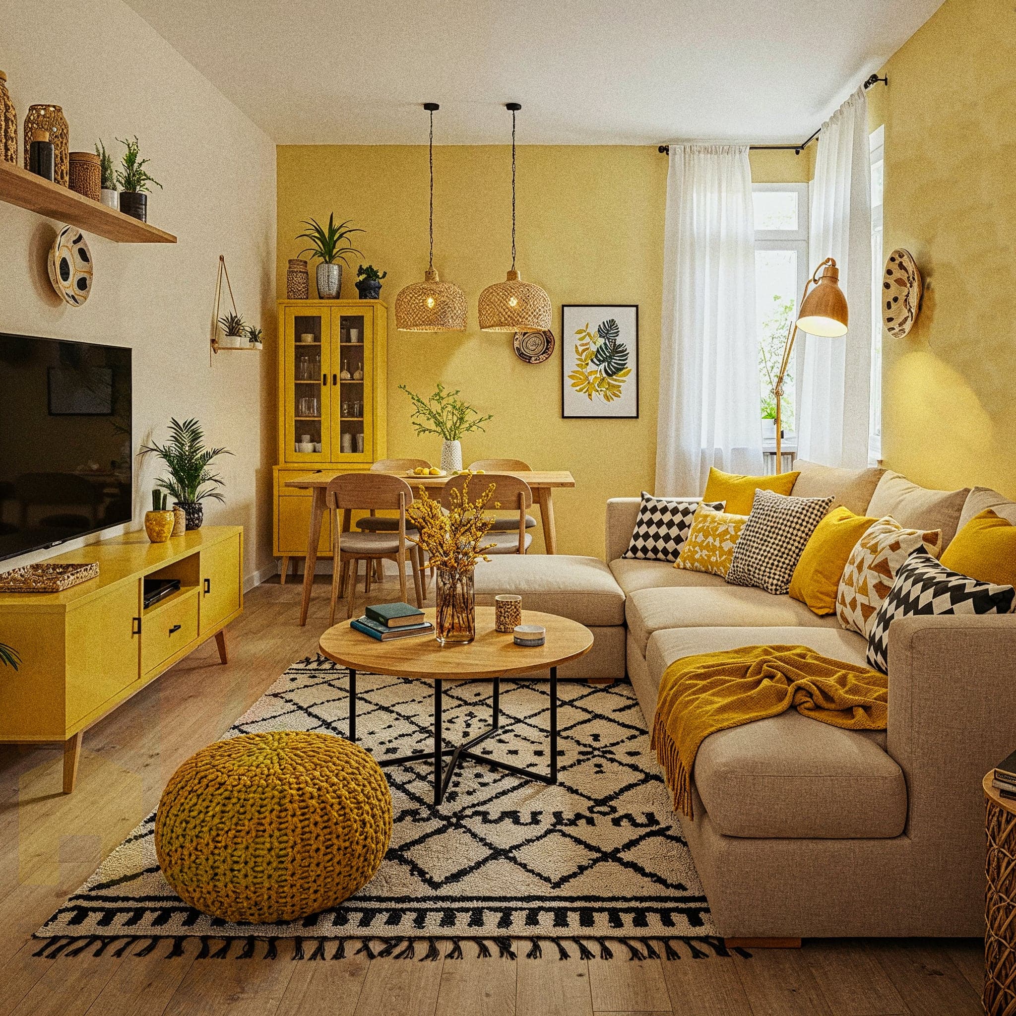 A cozy living room with warm, mustard-yellow walls. A light-colored sofa with various shades of orange and cream-colored pillows is positioned on a decorative rug with warm tones. Two intricate, wicker lanterns hang from the ceiling. On the left, there's a small wooden table with vases and dry plants, and on the right, a potted palm plant sits in a woven basket. Two round, textured poufs sit in front of the sofa.