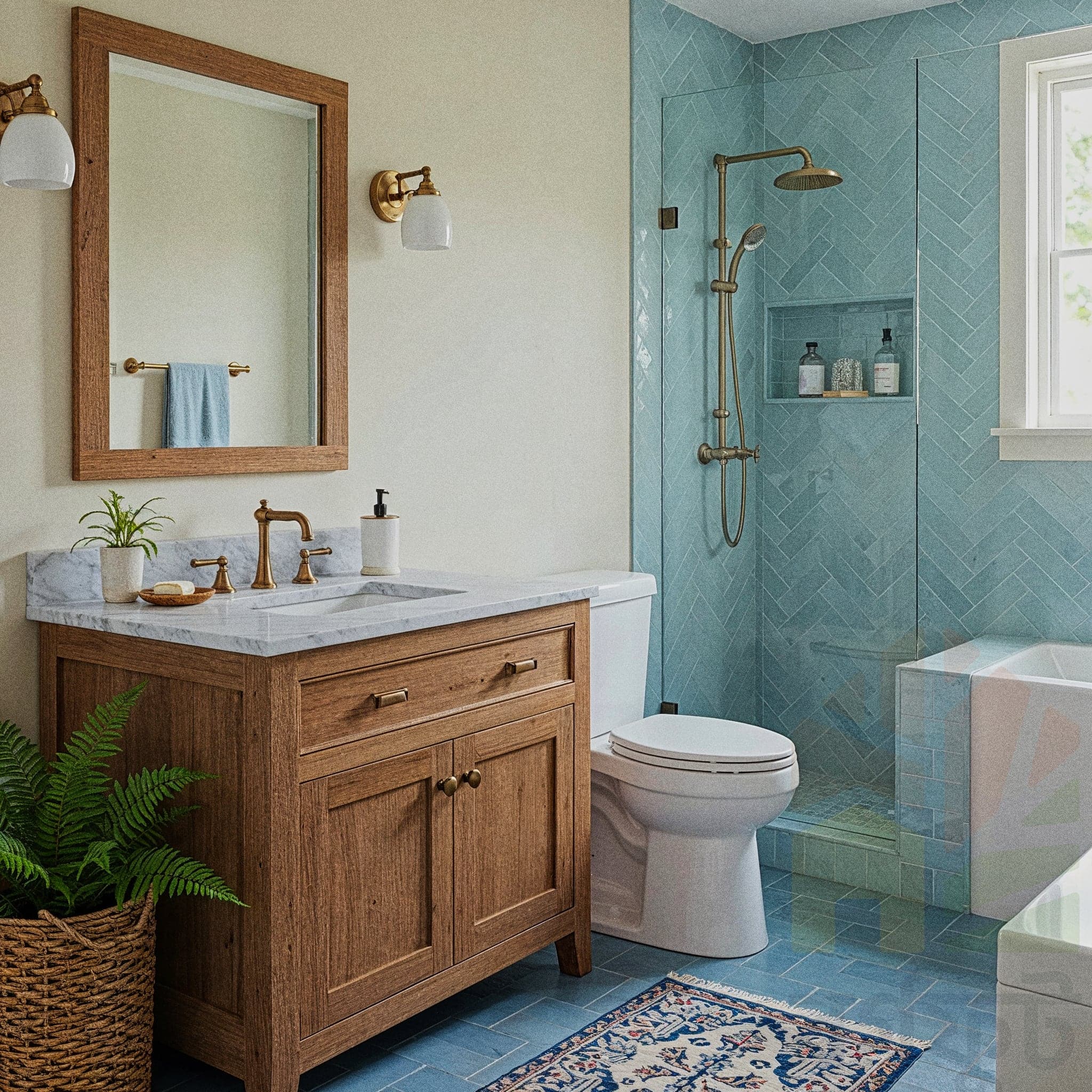 A bright bathroom with white subway tiles. A white bathtub is visible on the left with a green and yellow banana leaf print shower curtain. A rustic wooden vanity with a white vessel sink is in the center. A large round mirror with a thick rope frame hangs above the sink. Woven baskets are placed on a shelf under the vanity and on the floor.