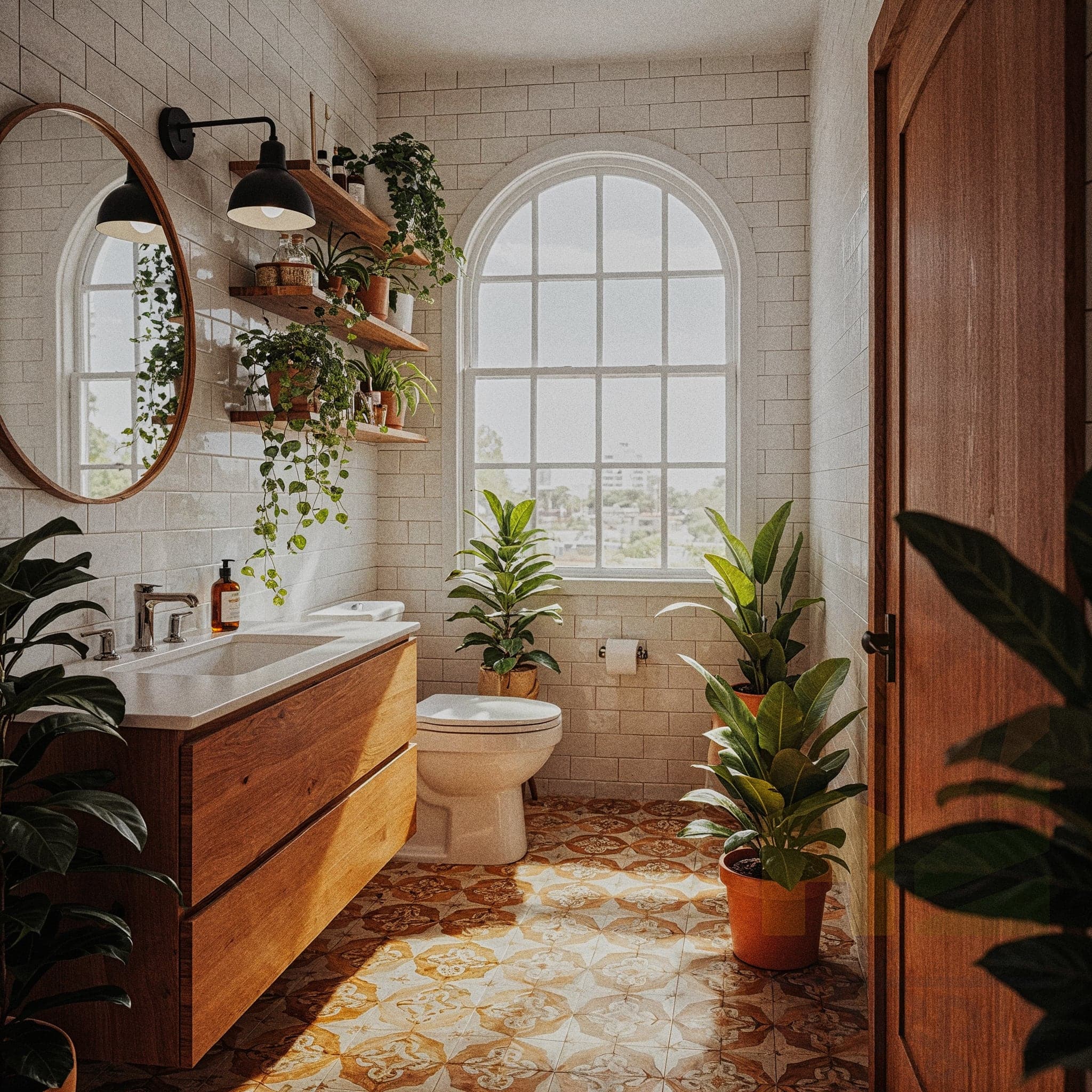 A traditional bathroom with a wooden vanity and a white marble countertop. The floor is covered in small blue tiles, and the walls are painted a light beige. The walk-in shower is tiled in a light blue herringbone pattern with a glass partition. Gold fixtures are used for the faucet and shower head. A framed mirror hangs above the sink, and a potted fern sits on the vanity.
