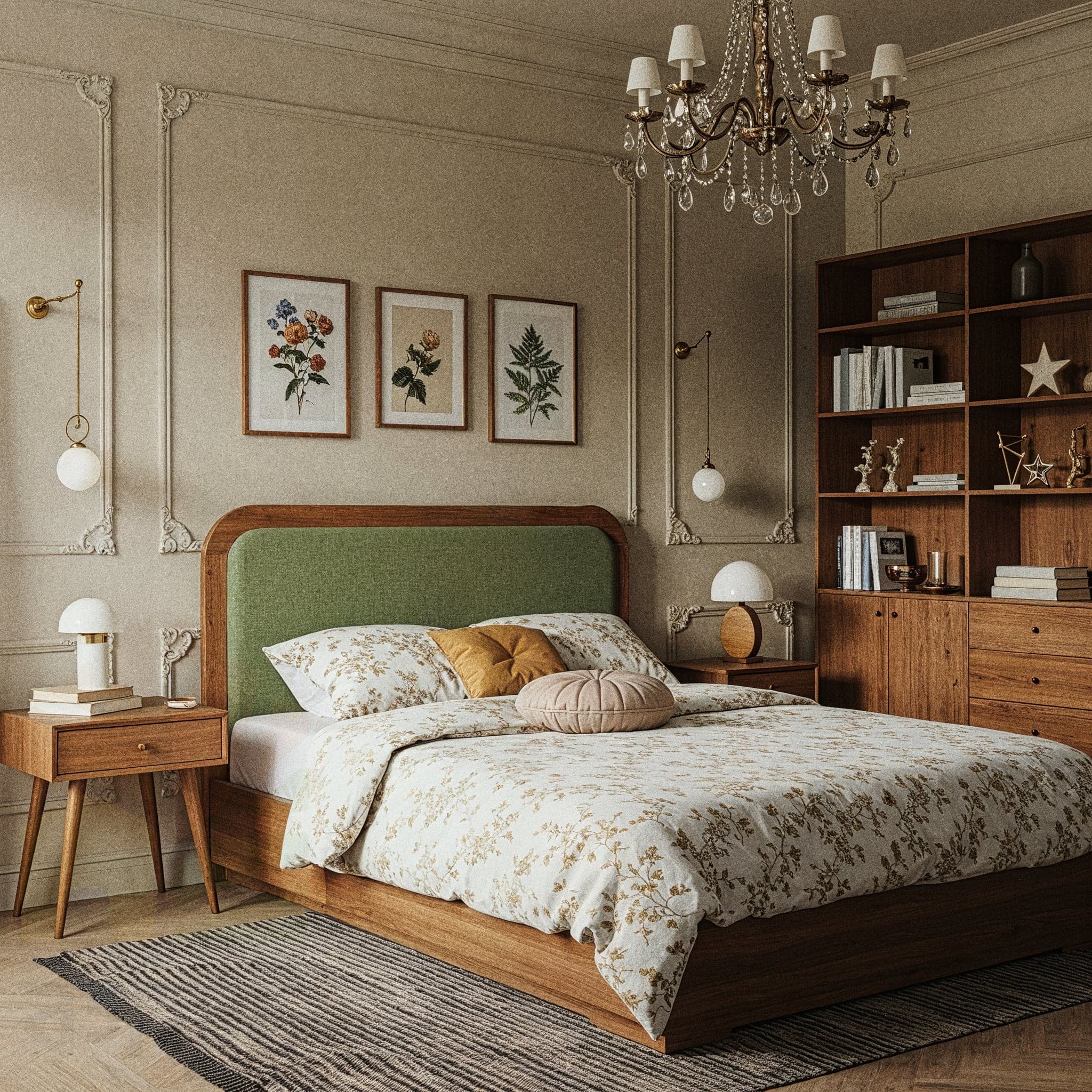 A tranquil bedroom with a Rustic Natural design, featuring a wooden bed with a beige linen duvet and green throw pillows, complemented by a wooden headboard and side table holding a potted plant and a rustic lamp. The room includes exposed wooden beams on the ceiling, a woven jute rug, and large windows with sheer curtains allowing natural light to highlight the warm brown tones and green accents. A hanging macramé plant holder and scattered greenery enhance the earthy, calming mood.