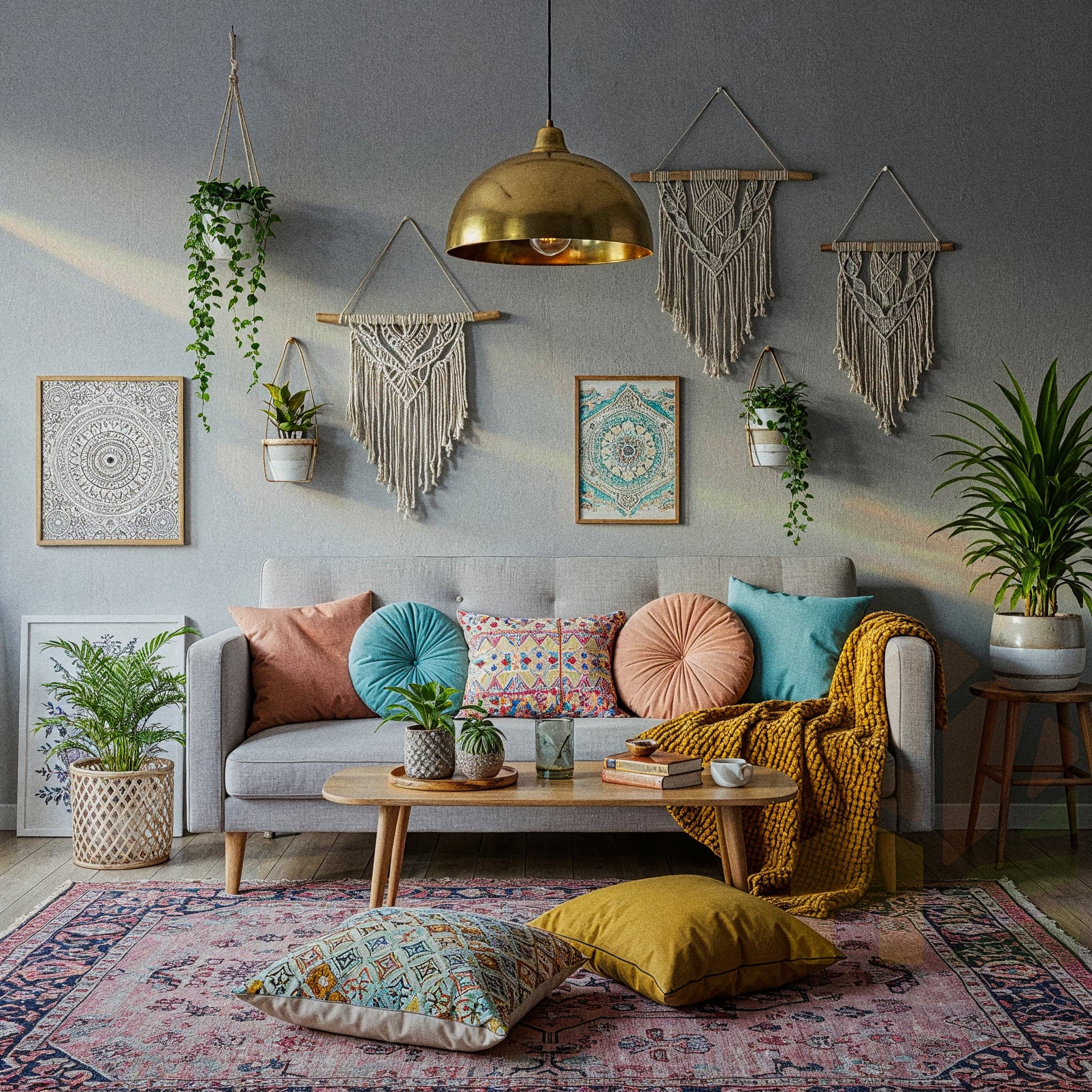 An open-concept living room and kitchen area with light-colored walls and exposed ceiling beams. A large, light beige sectional sofa with orange and beige pillows is positioned on a vibrant patterned rug. A dark wood coffee table with woven baskets sits in front of the couch. In the background, a light-wood hutch is next to a large, round wicker mirror. A modern kitchen with a large island and bar stools is visible in the distance.