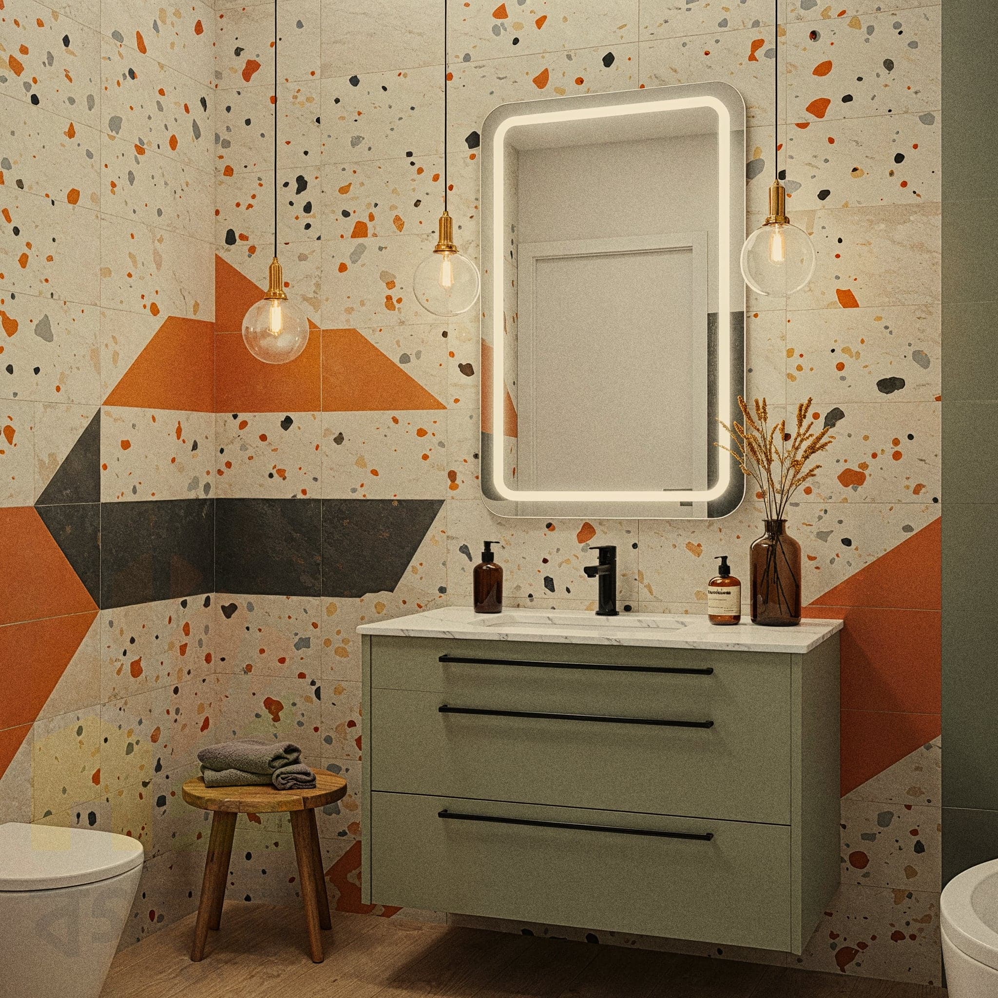 A rustic bathroom with terracotta-colored walls and floor tiles. A wooden vanity with a stone vessel sink sits in the center. A rectangular black-framed mirror hangs above the sink, and two bare-bulb pendant lights hang from the ceiling. A woven rug is on the floor, and woven baskets are used for storage and decor. A toilet is visible in the adjacent room.