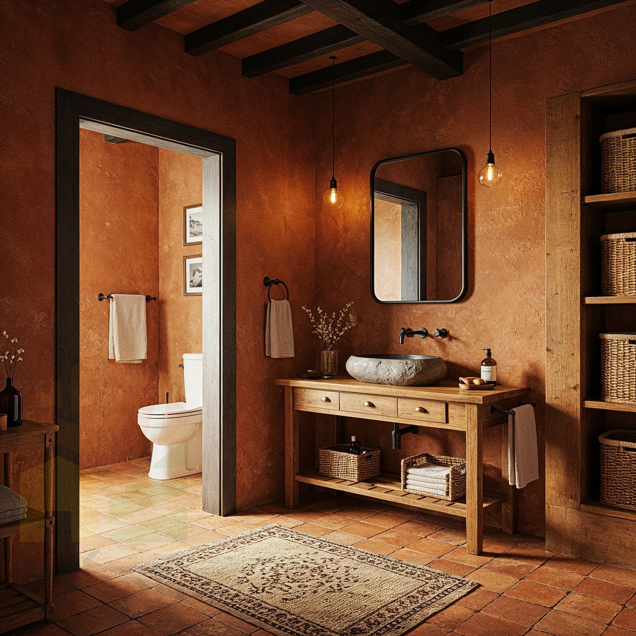 A bright bathroom with white subway-style tiles on the walls and warm terracotta-colored tiles on the floor. A white vanity with a white countertop is in the center, with a round gold-framed mirror above it. Gold fixtures are used for the faucet and shower head. Potted plants in woven baskets are placed on the floor on either side of the vanity. A black and white patterned rug is on the floor.