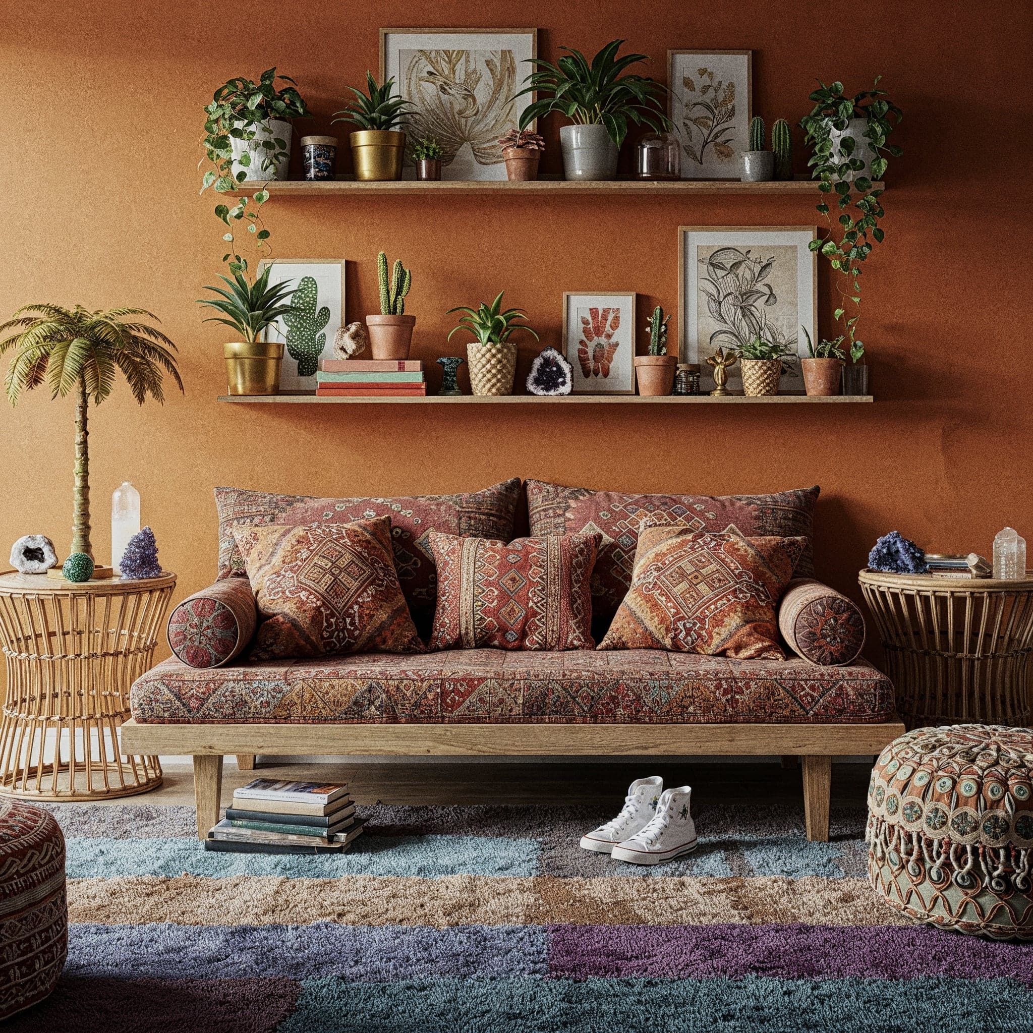 A warm, terracotta-colored living room with a low-profile sofa featuring a rich, bohemian-style patterned cover. Two wooden shelves on the wall are filled with a variety of potted plants, including succulents and leafy greens, and framed botanical prints. On either side of the sofa, there are rattan end tables with tall potted plants and decorative crystals. A colorful, patterned rug with shades of blue, purple, and green is laid on the floor.