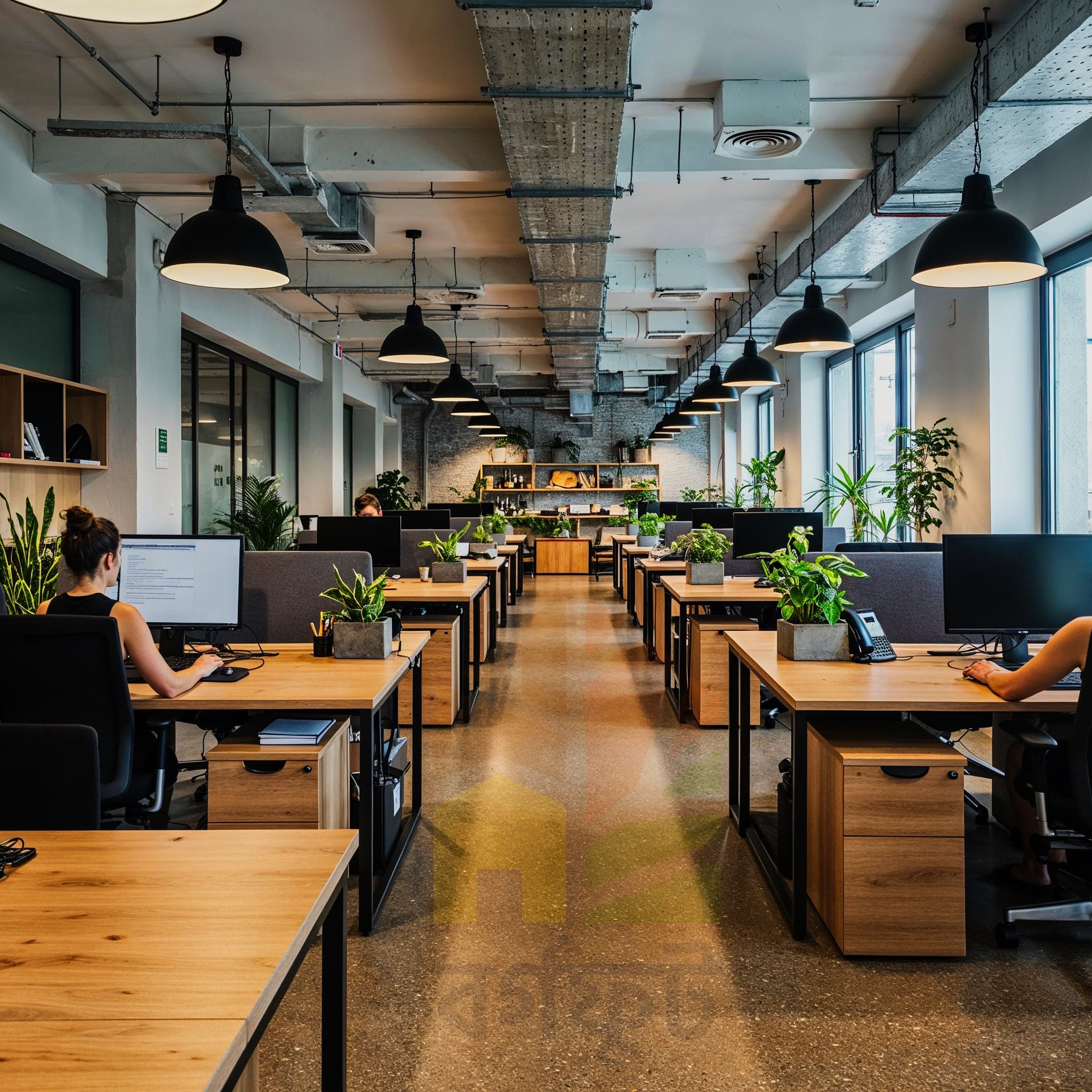 A creative office space with a high concrete ceiling and large windows. Several workstations are arranged with long wooden desks and green privacy panels. Each station has a computer and a desk lamp. The chairs are gray and black ergonomic office chairs. The room has a rustic, industrial feel with exposed ceilings and pipes. A large boat sculpture hangs from the ceiling, and several potted plants are scattered throughout the space.