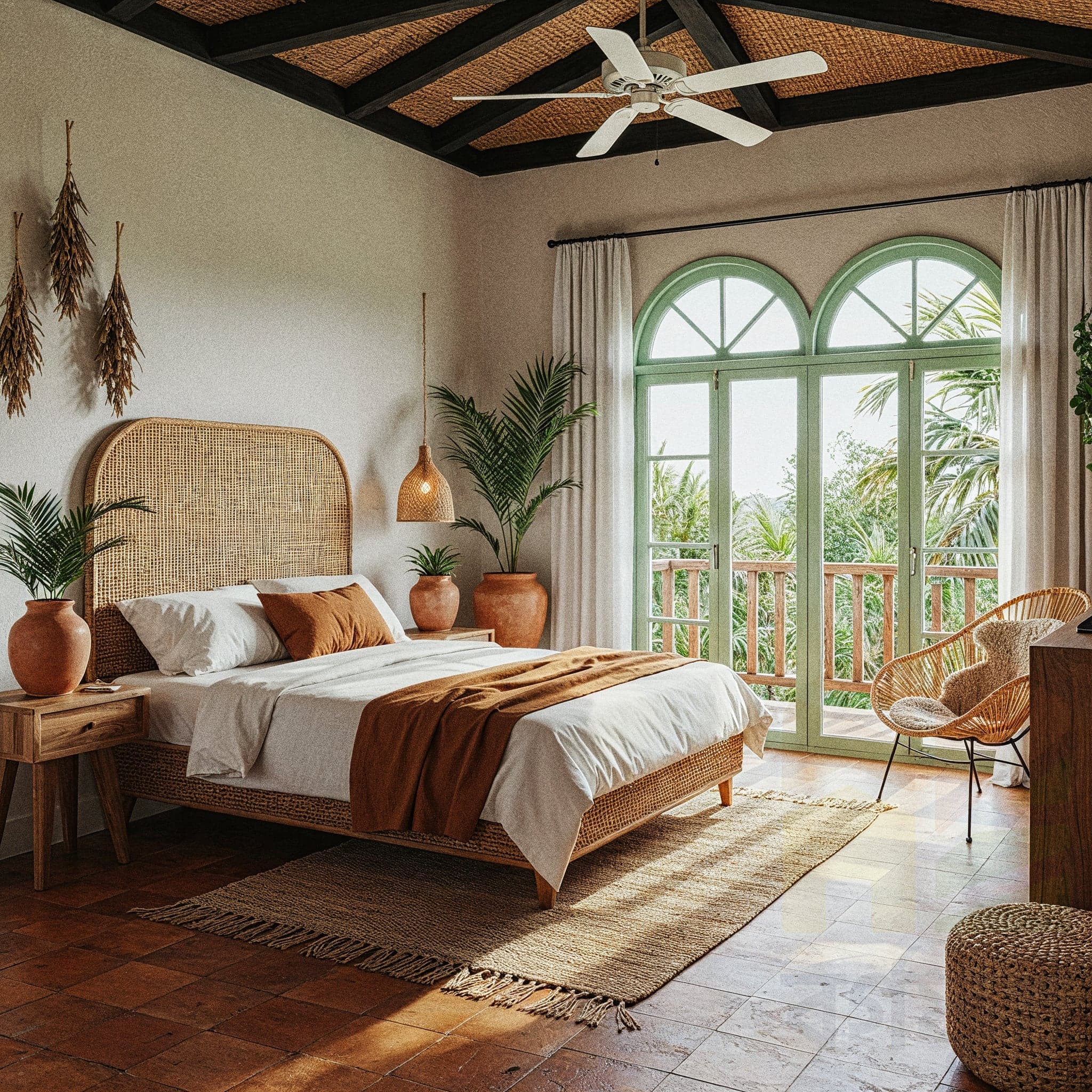 A tropical-style bedroom with a woven rattan bed frame and headboard. The walls are a warm neutral color. The large arched French doors are painted a bright green and lead to a balcony with lush greenery visible outside. A rattan chair and a woven ottoman are in the corner. Two terracotta pots with plants sit on the floor, and a large woven pendant light hangs from the ceiling.