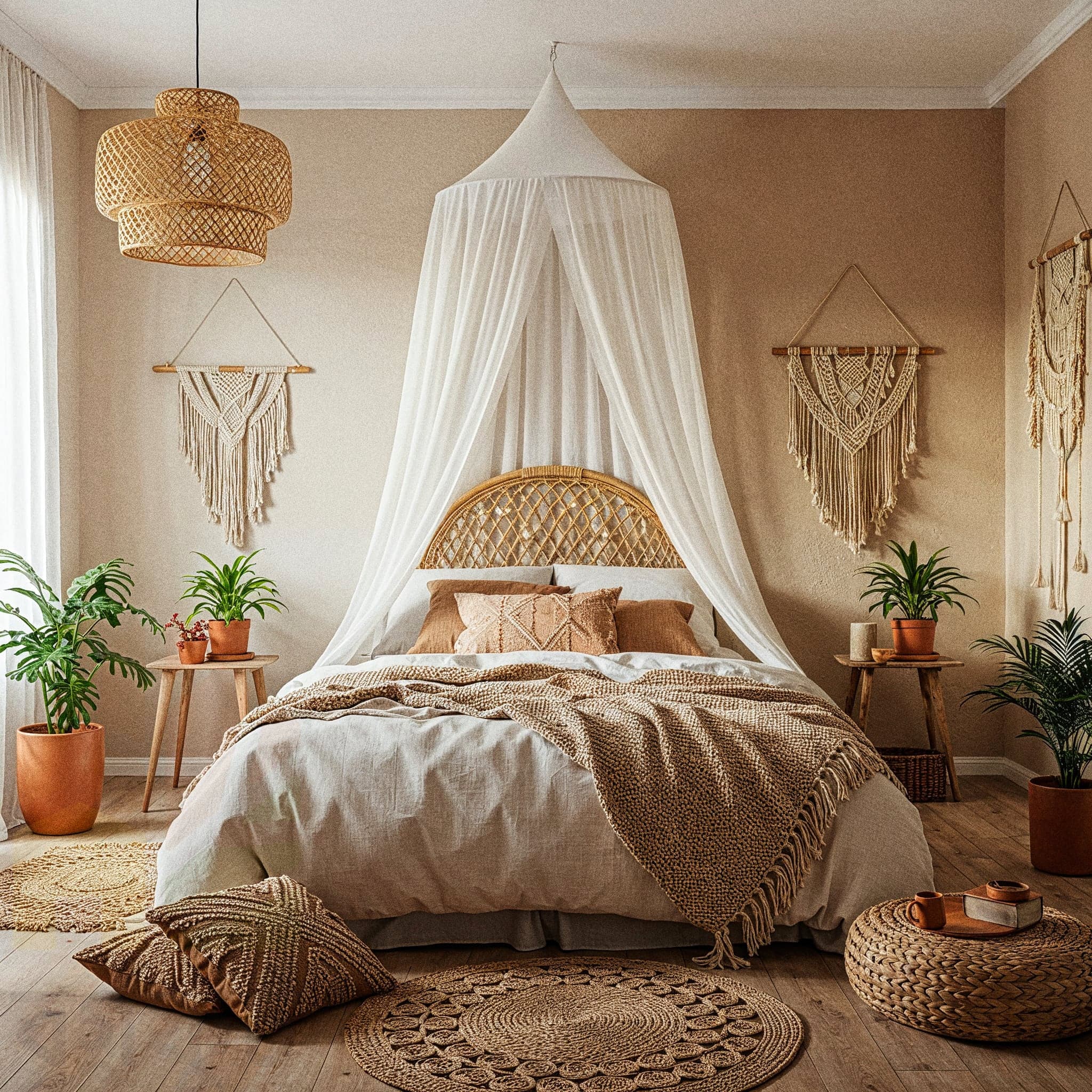 A lively bohemian bedroom with a wooden bed frame, a white duvet, and pillows in shades of orange and teal. A colorful striped throw blanket with orange tassels is draped across the bed. A large, ornate gold sunburst mirror hangs on the wall above the bed. Woven pendant lights hang from the ceiling.