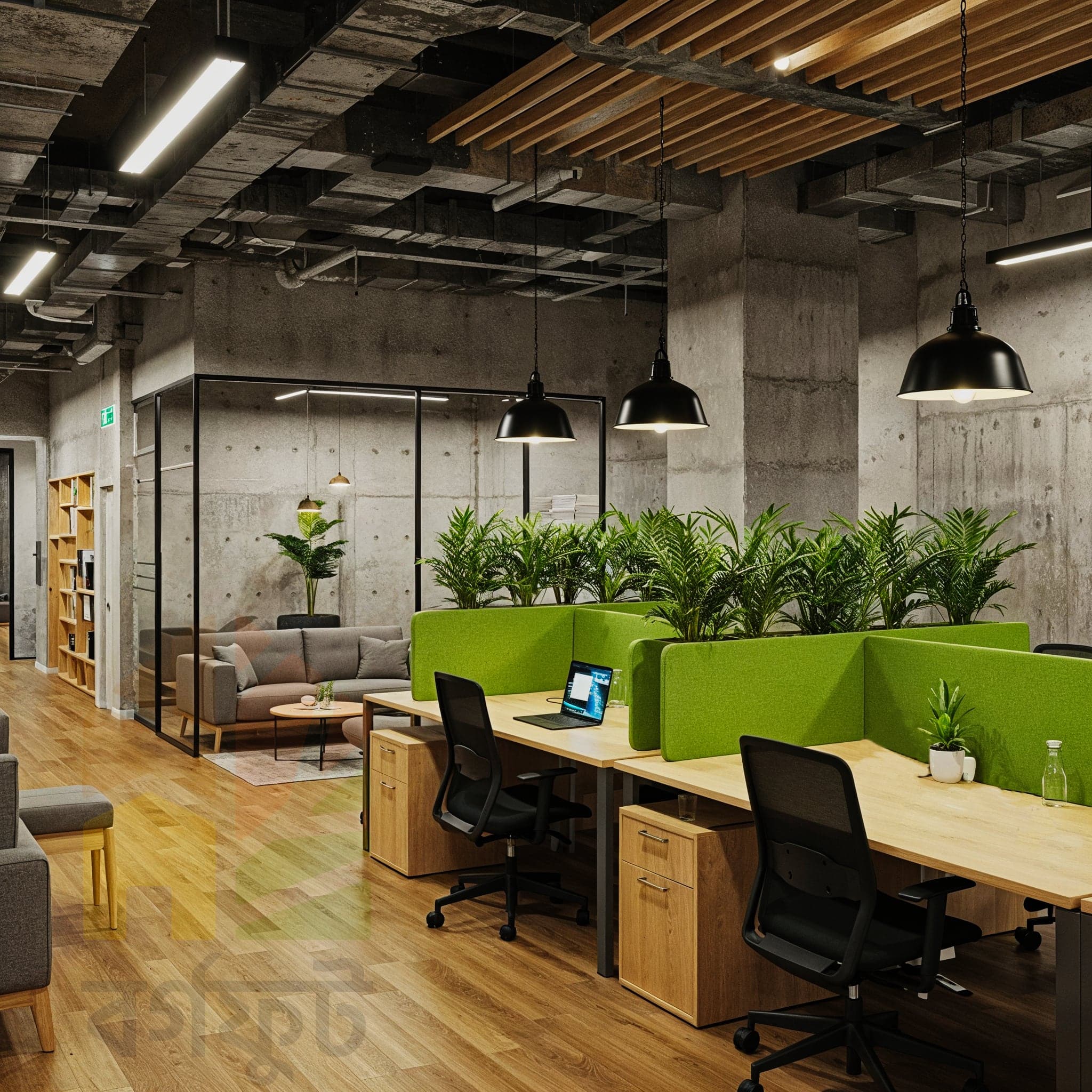 A candid, eye-level image of a modern office space. Two rows of white desks are set on a polished concrete floor. The desks have white chairs with beige upholstery. An exposed brick wall and a white, painted brick wall add texture to the space. Potted plants, including a large banana tree plant, are placed on and around the desks. Large windows and black pendant lights illuminate the room.