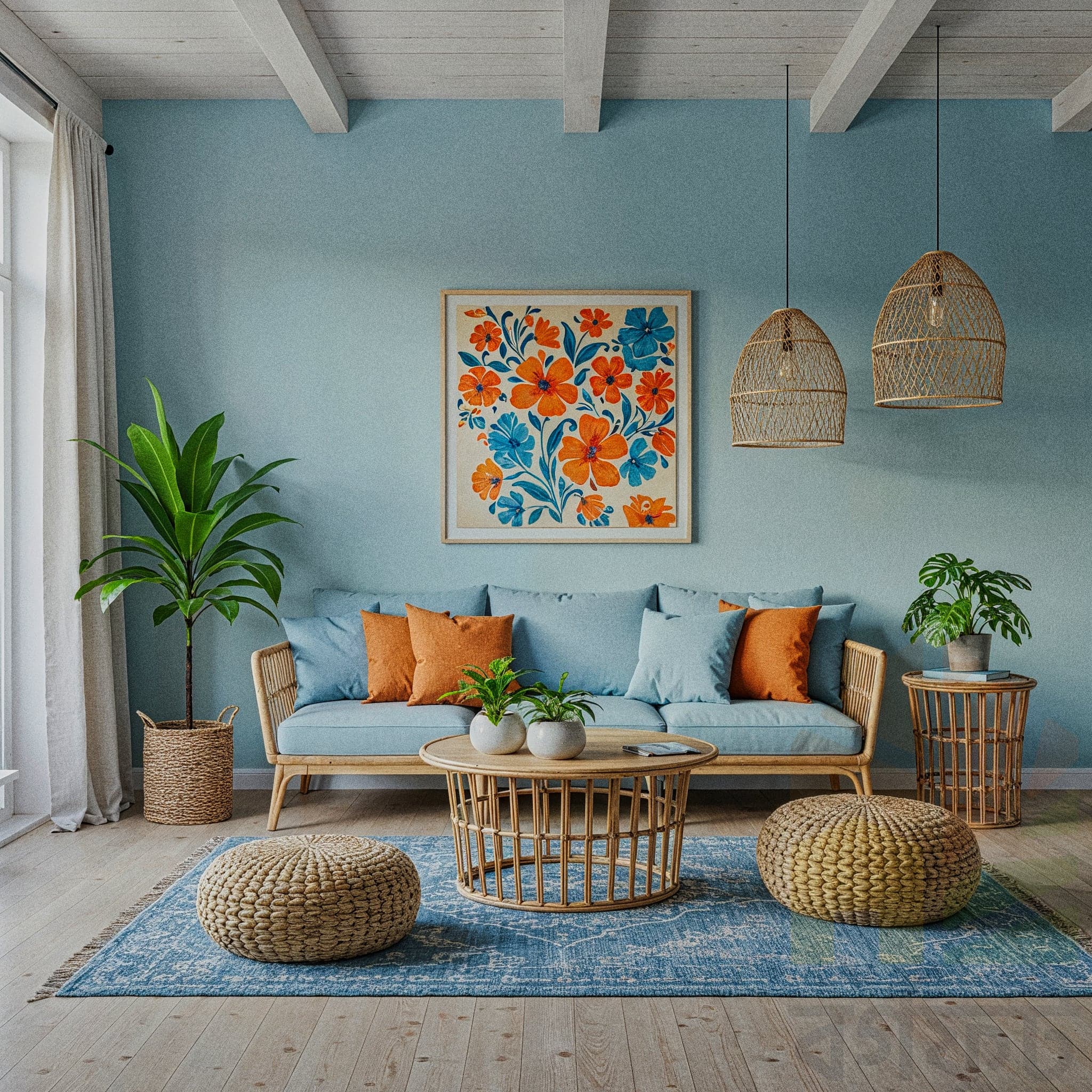 A cozy living room with a turquoise mid-century modern sofa. Two light-colored wooden floating shelves above the sofa display various small potted plants, framed photos, and books. A large, abstract yellow and pink art print hangs below the shelves. A wooden coffee table with a few potted cacti sits in front of the sofa. A tall cactus plant stands on a small side table on the left, while another stands on the right next to an acoustic guitar. A light-colored striped rug covers the floor.