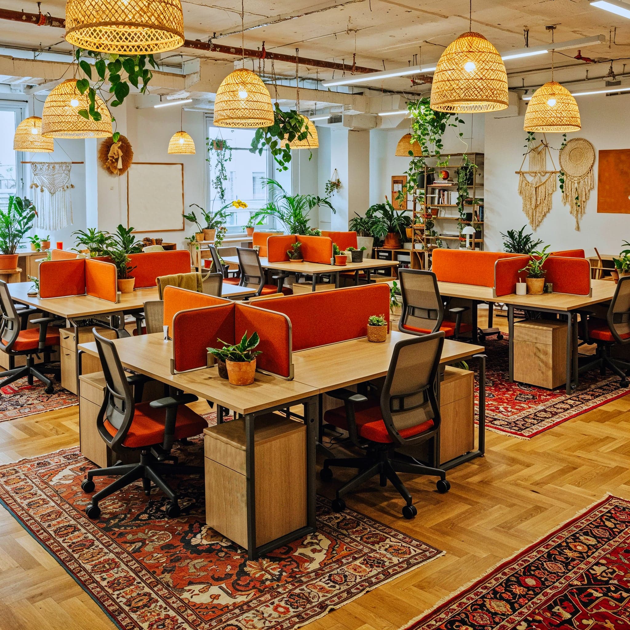A candid image of a modern office interior. The space features several white desks with burnt orange fabric partitions arranged in a cross shape. White and dark grey office chairs with wheeled bases are placed at each station. The walls are exposed concrete, and the floor is polished concrete.