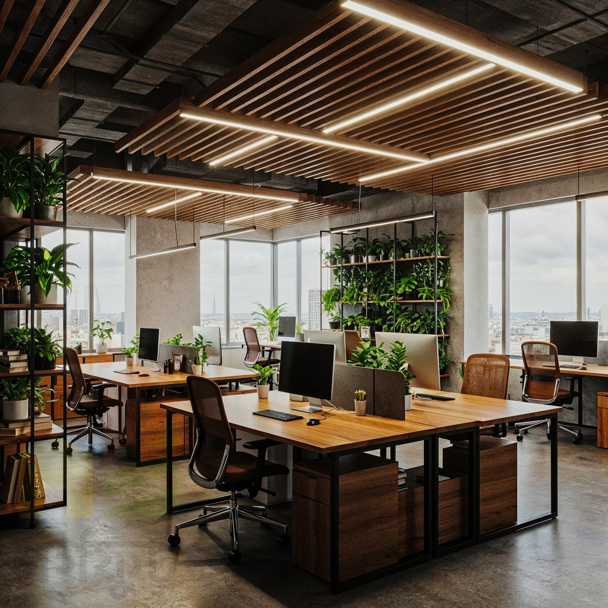 A modern, minimalist office with floor-to-ceiling windows overlooking a cityscape. A long, light wood desk with green privacy panels divides the space into two workstations, each with a computer monitor, desk lamp, and ergonomic office chair. A tall potted plant stands in the corner. The room has a calm and organized feel with a clean, neutral color palette.
