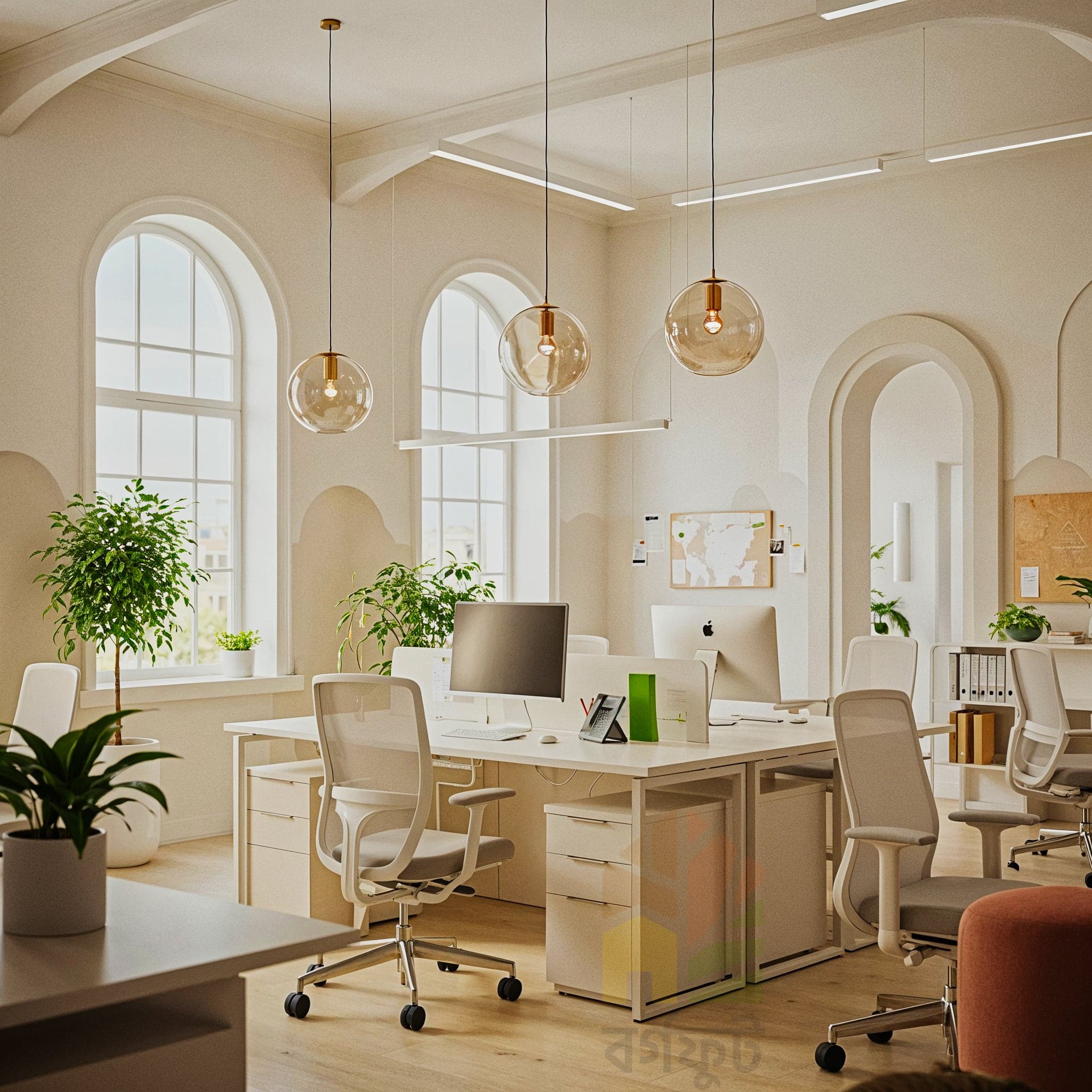 A bright, modern office interior with elegant architectural details. The space has high ceilings with three large arched windows and decorative wall molding. White desks with beige and white office chairs are arranged in a long row. Potted plants sit on the desks and on the floor. Three modern pendant lights with spherical glass shades hang from the ceiling. The floor is light wood, and the overall mood is airy and professional.