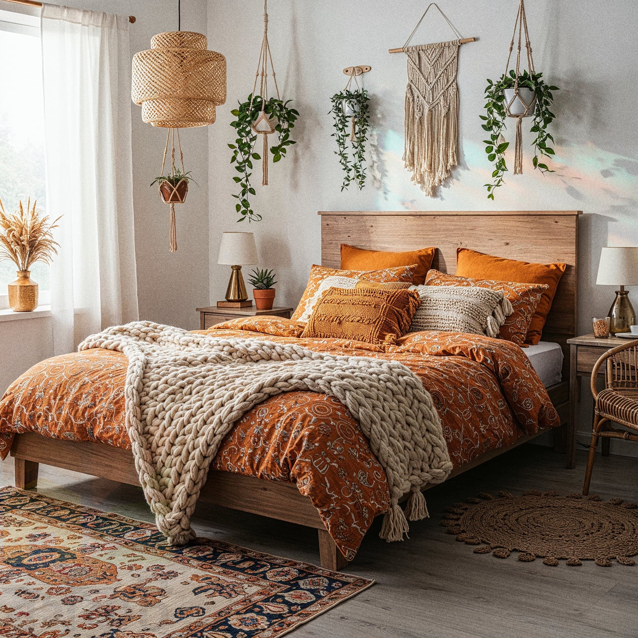 A warm, terracotta-colored bedroom with light wood floors. A bed with a woven rattan headboard is covered in a red, patterned comforter and pillows. A large, red and blue patterned rug covers most of the floor. On the window sill, various potted plants are arranged. A wicker chair with a cushion and a hanging wicker pendant light complete the cozy, bohemian look.