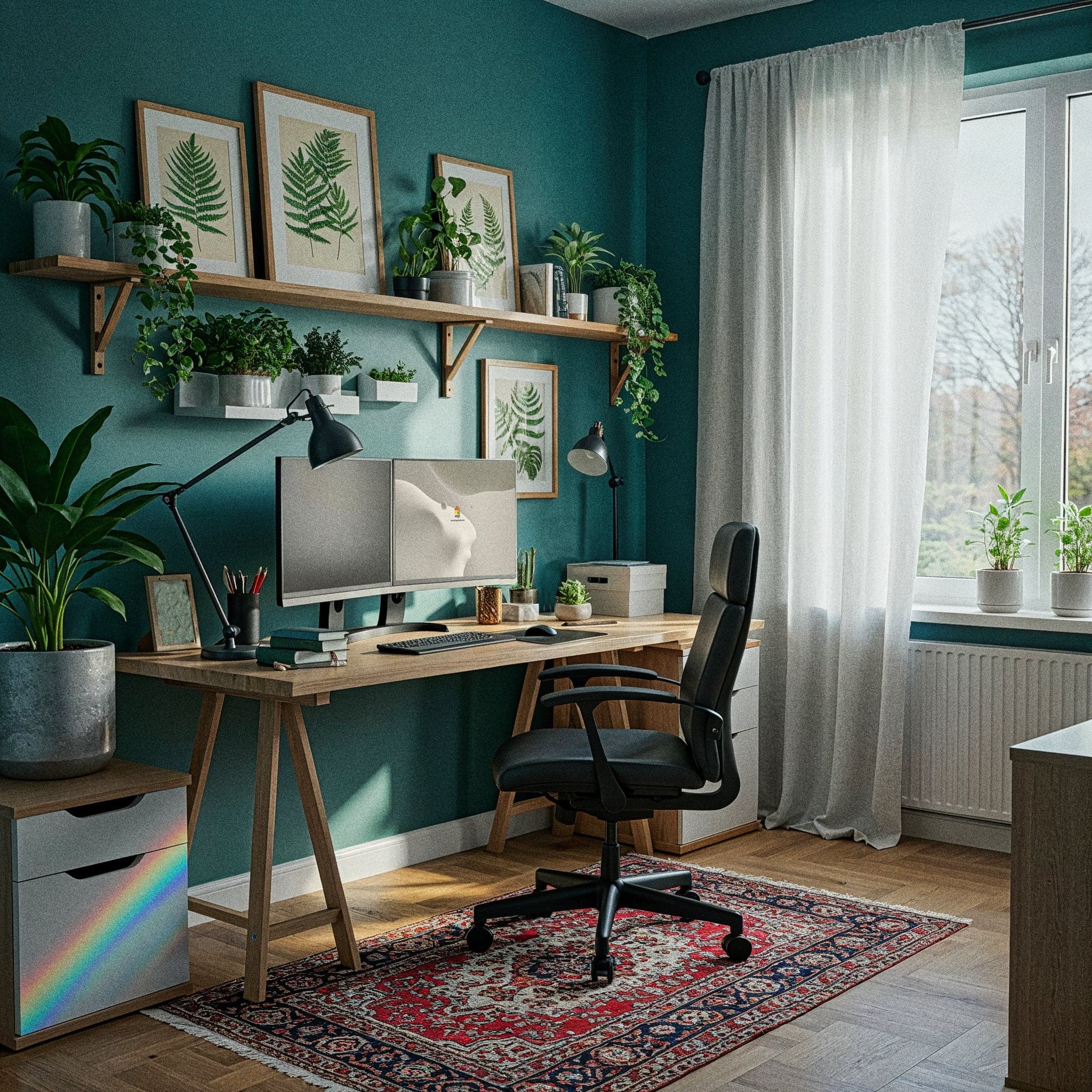 A bright and tranquil private office designed for maximum focus with a clean, minimalist aesthetic. The combination of light wood furniture and white walls creates a calm and airy atmosphere, while a large potted plant introduces a touch of natural harmony.