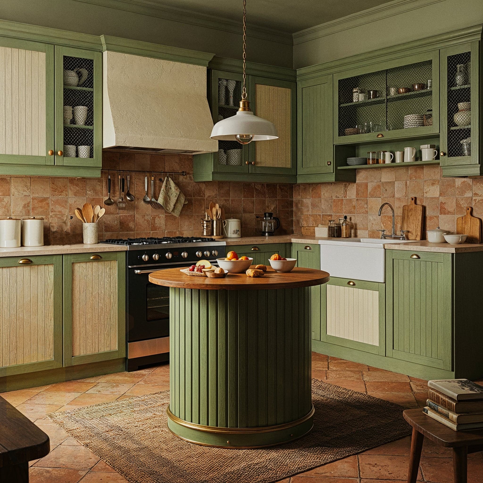 A tranquil kitchen with an Asian Serene design, featuring bamboo cabinets with black handles, a wooden countertop with a stone mortar and pestle, and a tiled backsplash with soft grey patterns. The room includes open shelves with ceramic bowls and a bonsai plant, a hanging paper lantern with warm light, and a small dining nook with tatami-inspired cushions. Large windows with sheer curtains allow natural light to enhance the light wooden floor and pale green walls, creating a calm and elegant cooking atmosphere.