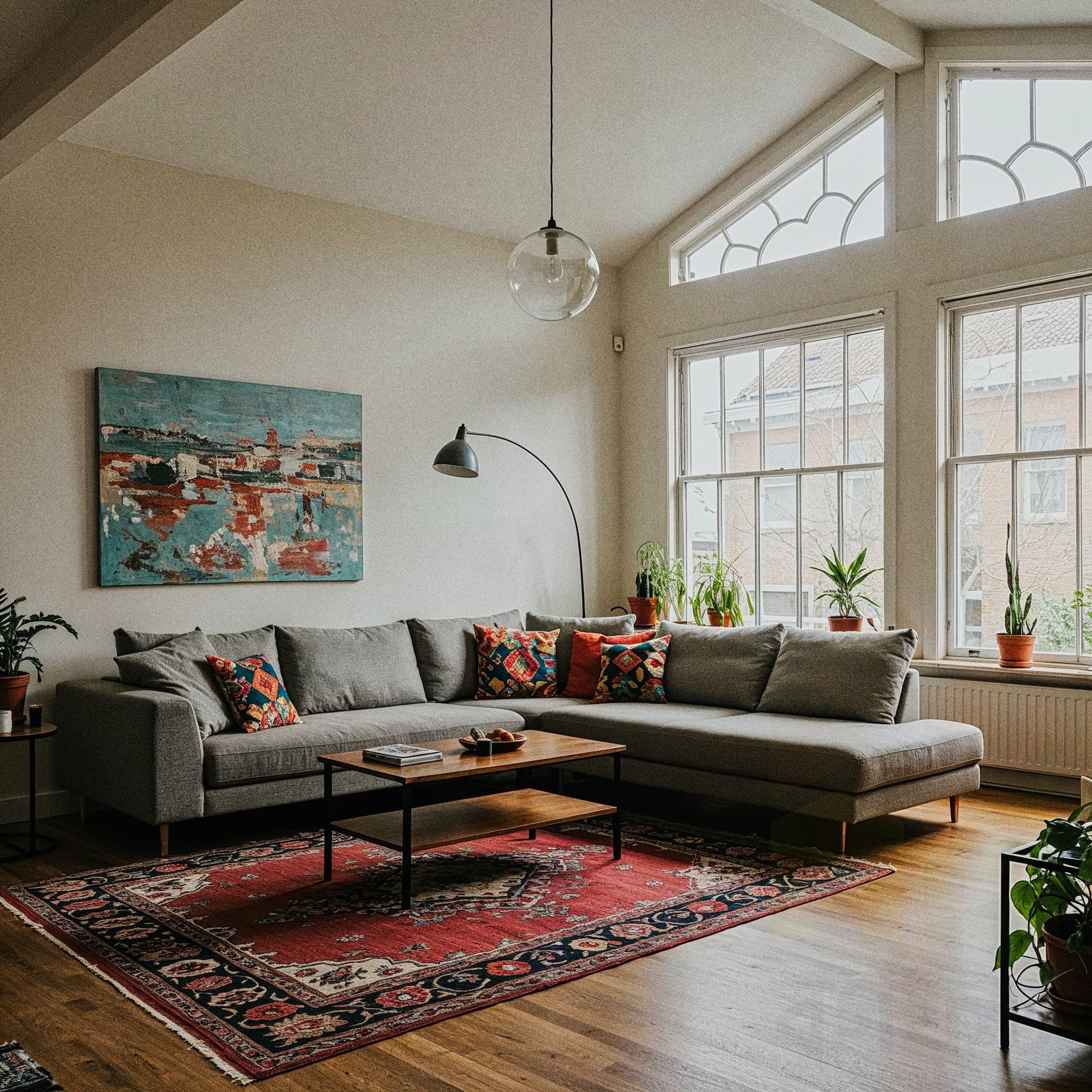 A vibrant living room with a Modern Bright design, featuring a white sectional sofa with colorful throw pillows, a glass coffee table with a metal frame, and a large abstract wall art piece. The room includes a sleek bookshelf with modern decor, a pendant light with a geometric shade, and a grey accent chair. Large windows with sheer curtains allow natural light to enhance the light wooden floor and white walls, creating a bright and open atmosphere.